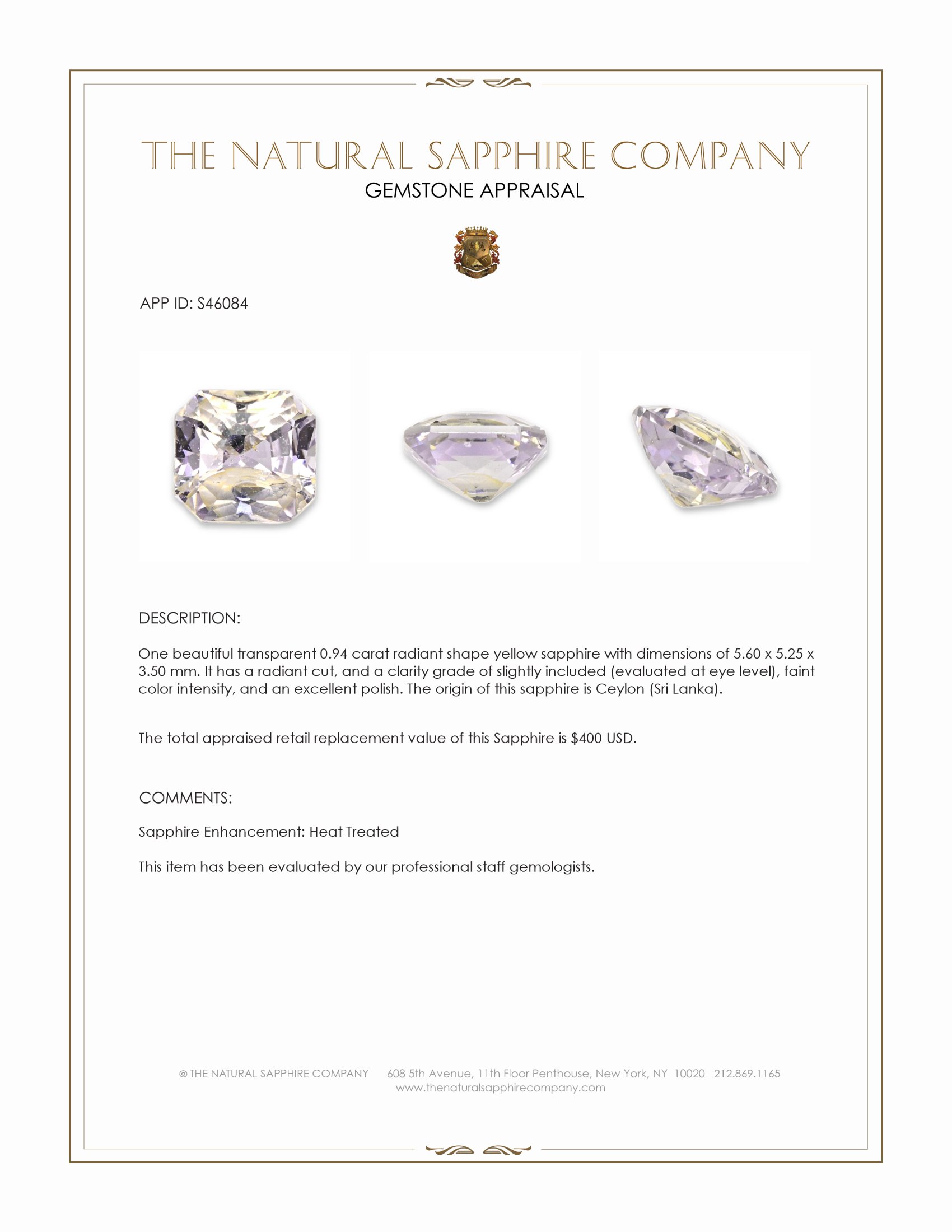 0.94 Ct. Yellow Sapphire from Ceylon (Sri Lanka)