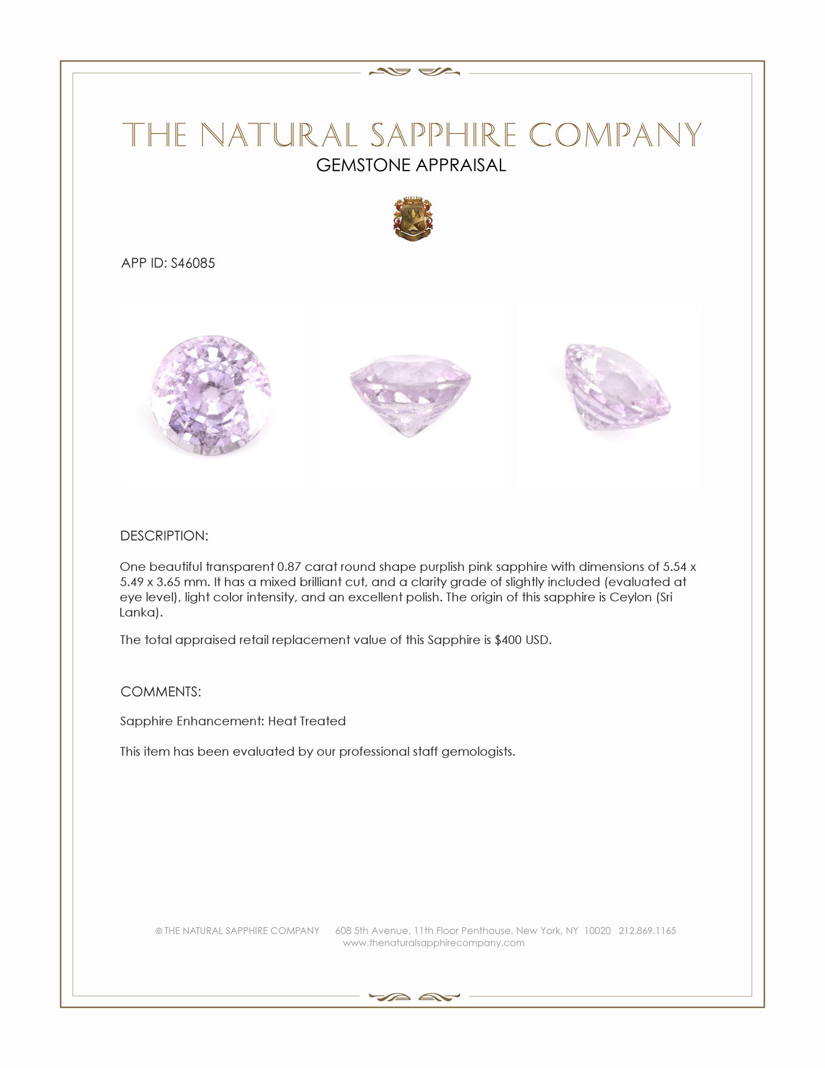 0.87 Ct. Purplish Pink Sapphire from Ceylon (Sri Lanka)
