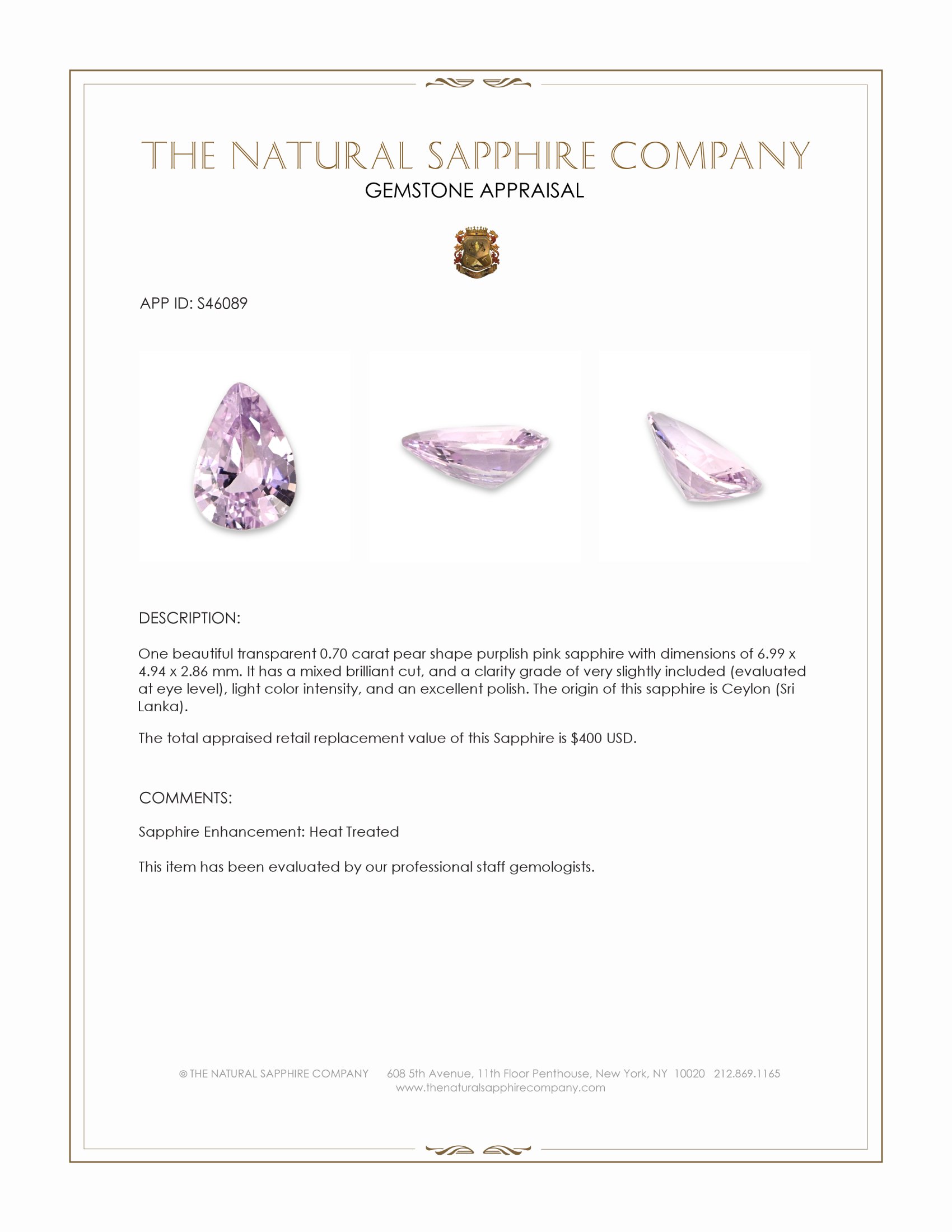 0.70 Ct. Purplish Pink Sapphire from Ceylon (Sri Lanka)