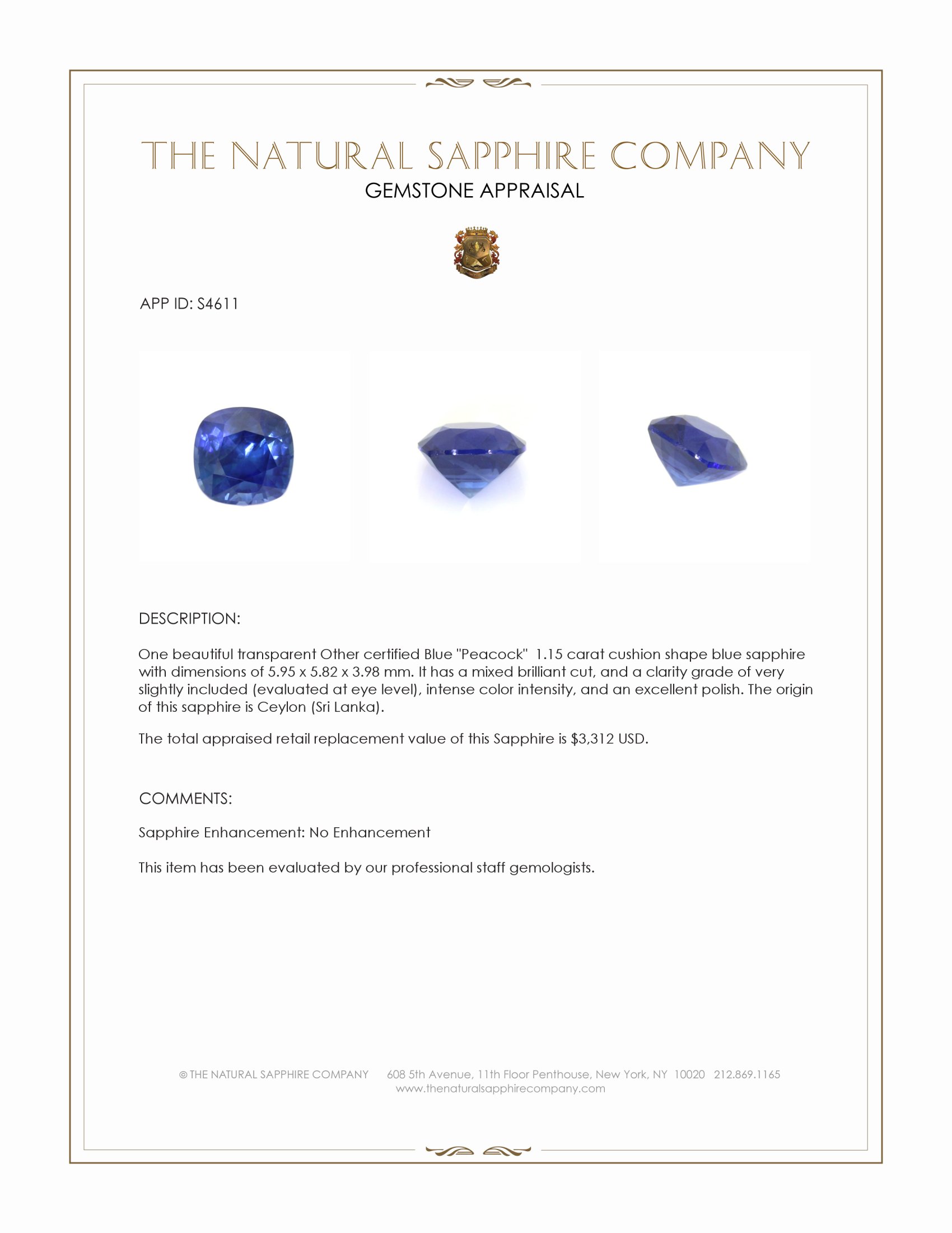 1.15 Ct. Blue Sapphire from Ceylon (Sri Lanka)