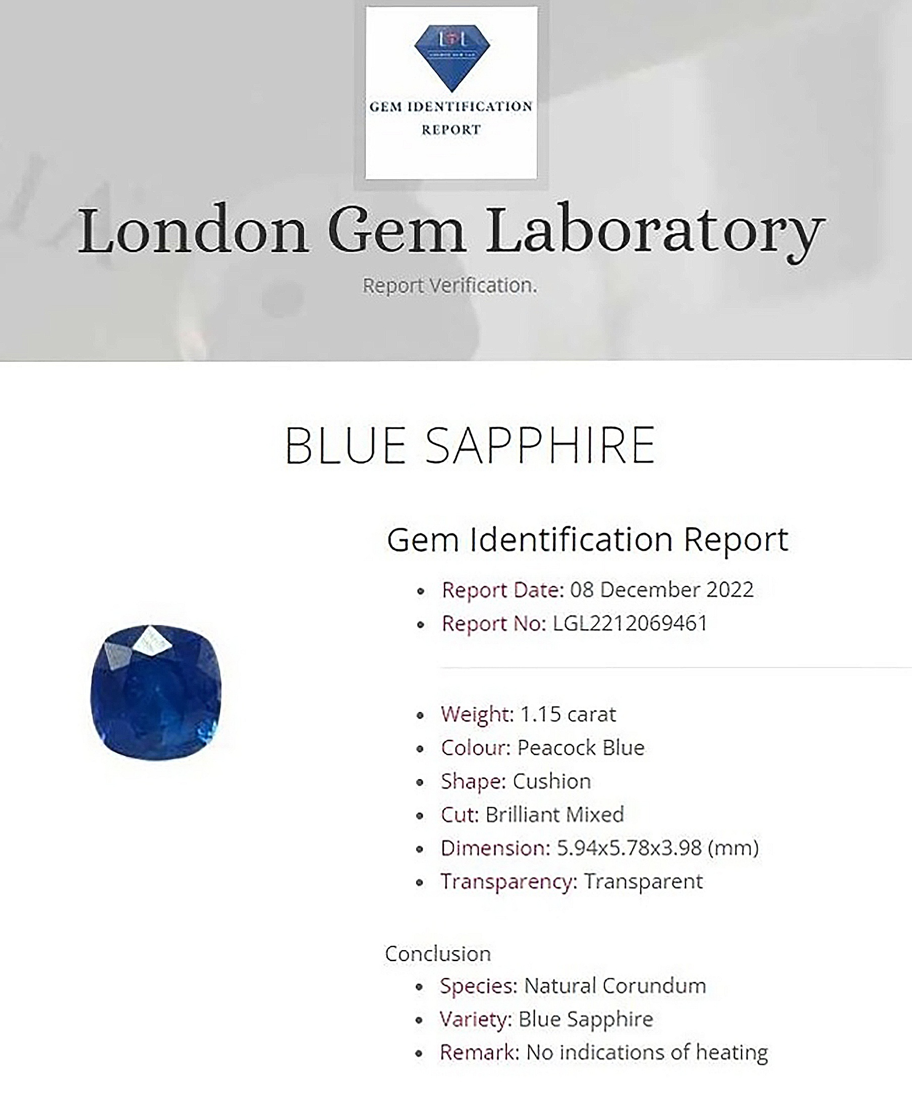 1.15 Ct. Blue Sapphire from Ceylon (Sri Lanka)