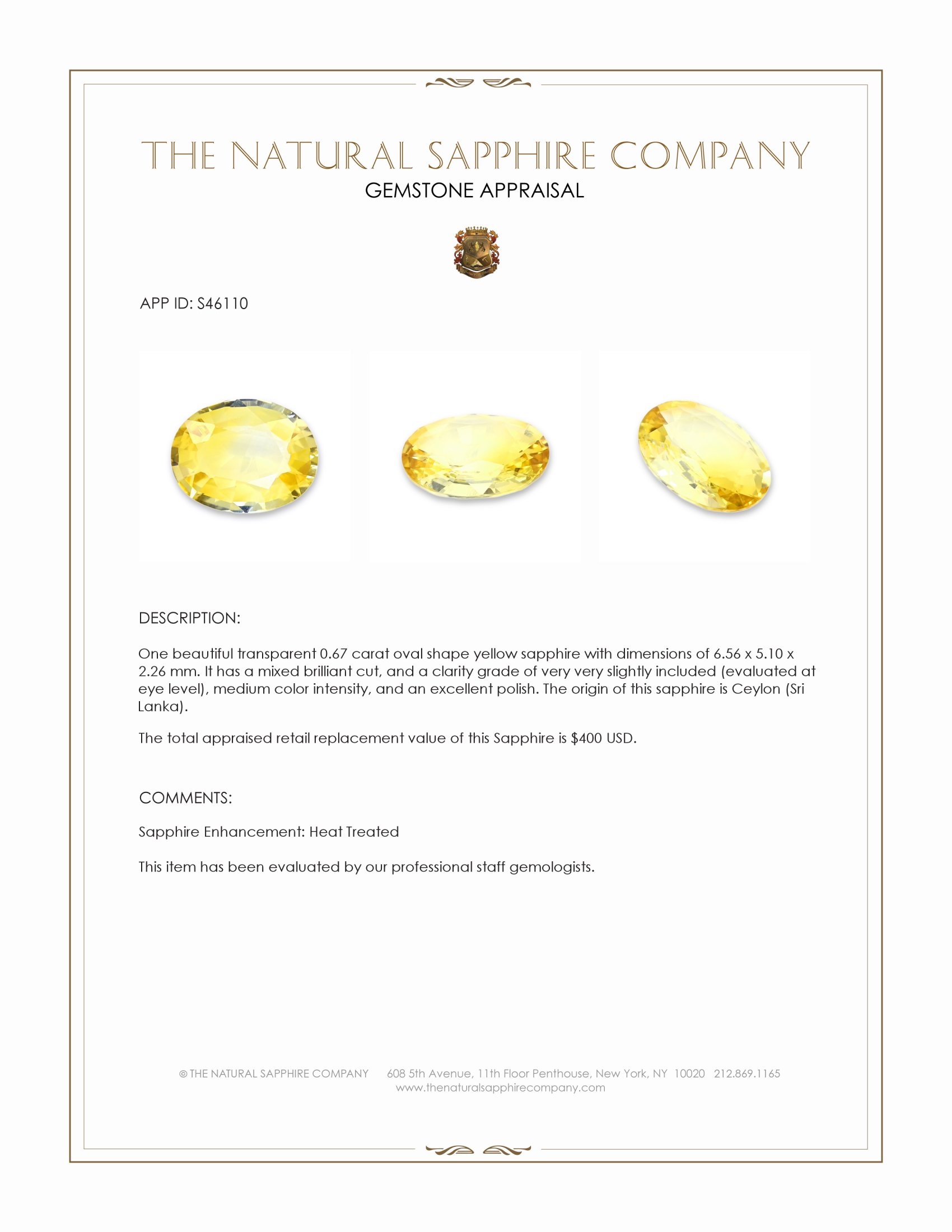 0.67 Ct. Yellow Sapphire from Ceylon (Sri Lanka)