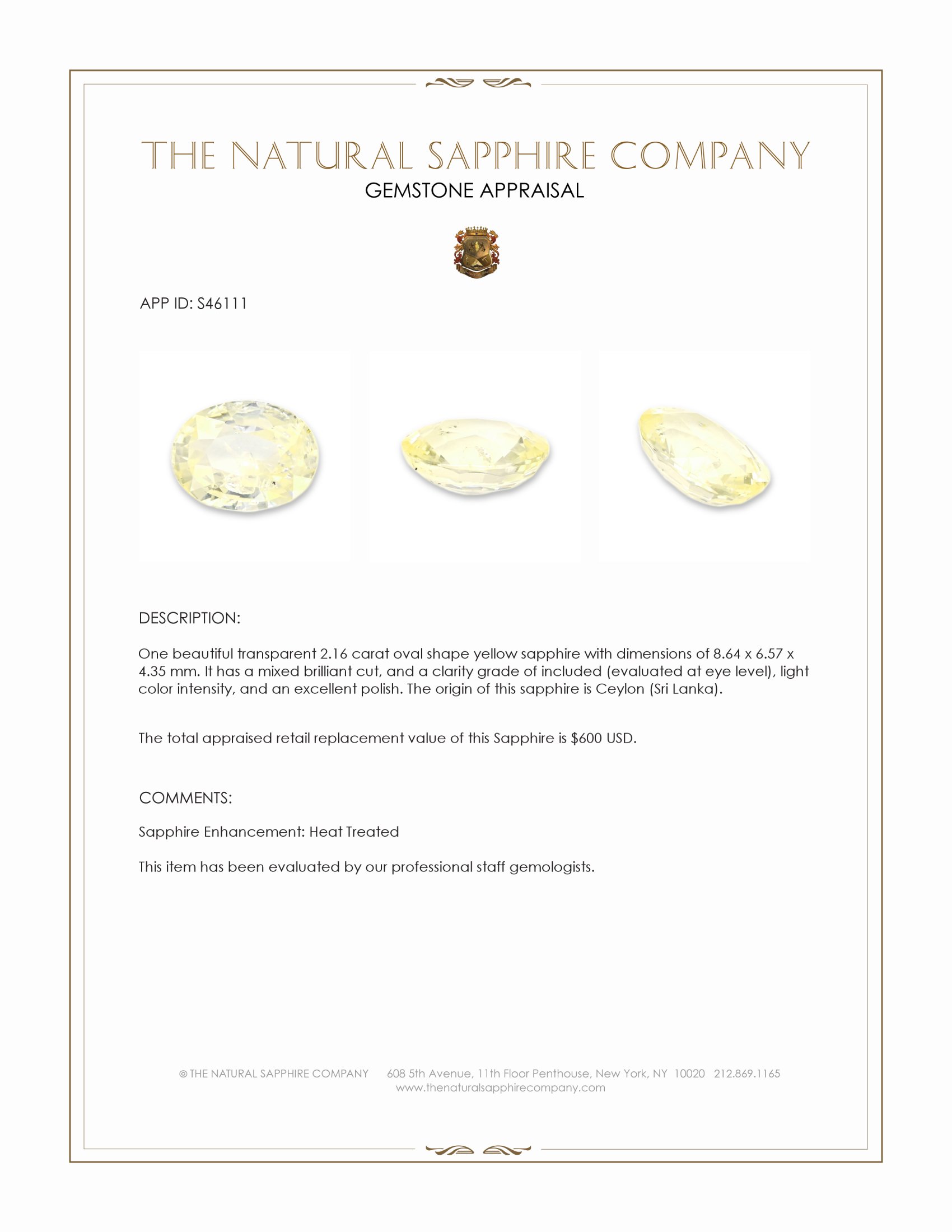 2.16 Ct. Yellow Sapphire from Ceylon (Sri Lanka)