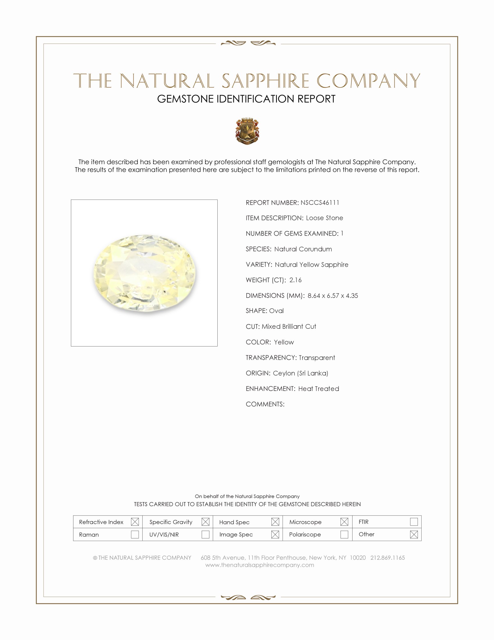 2.16 Ct. Yellow Sapphire from Ceylon (Sri Lanka)