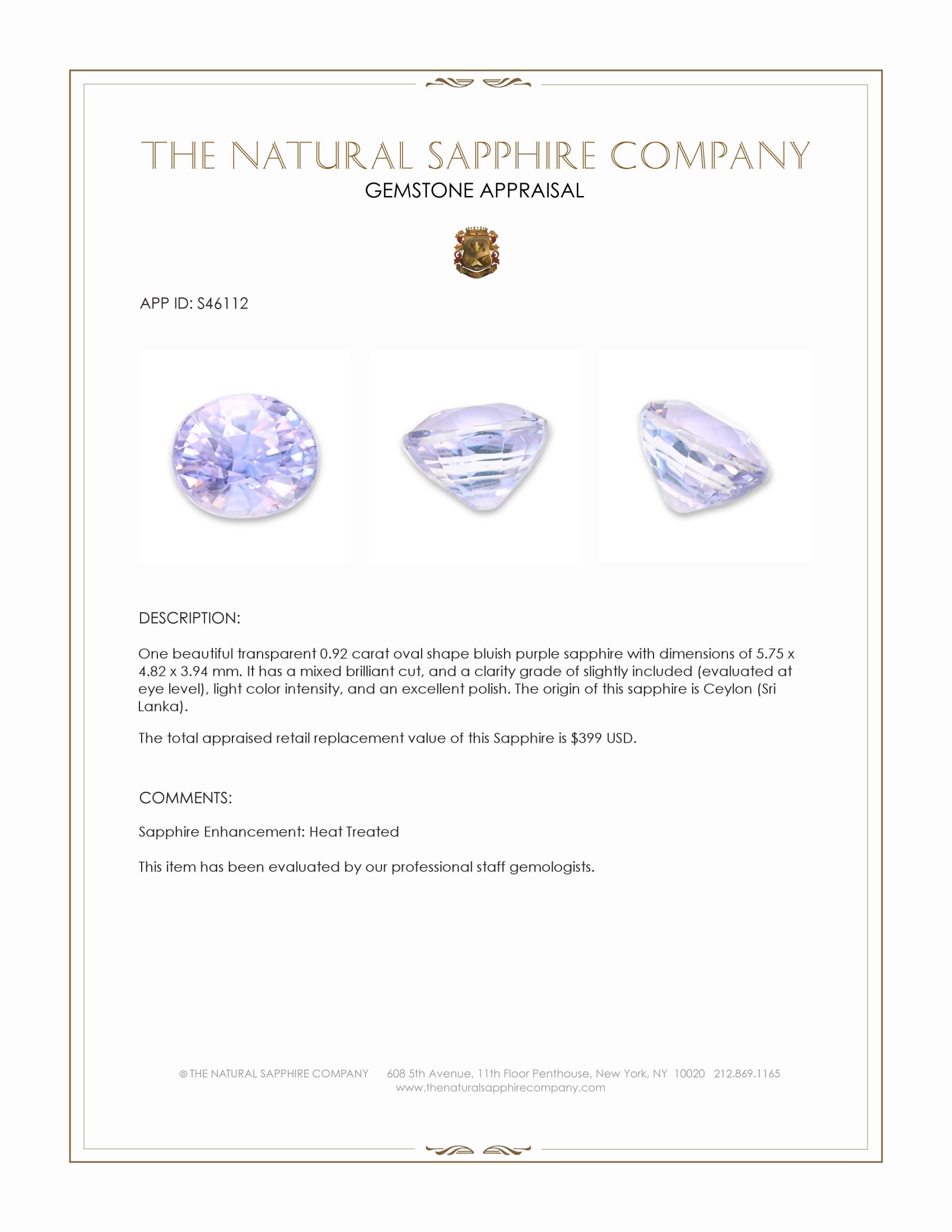 0.92 Ct. Bluish Purple Sapphire from Ceylon (Sri Lanka)