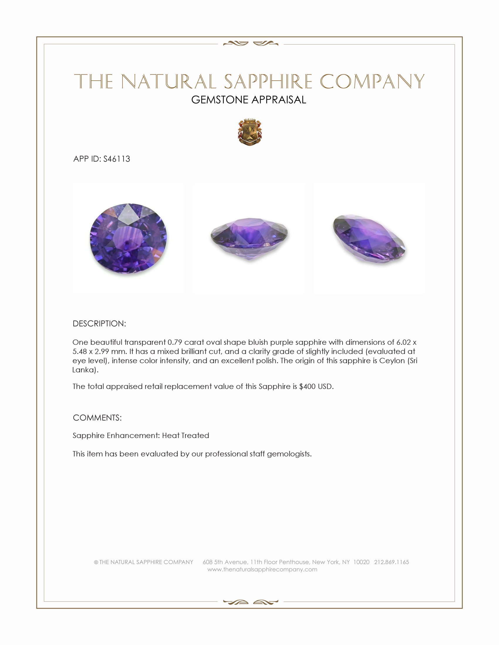 0.79 Ct. Bluish Purple Sapphire from Ceylon (Sri Lanka)