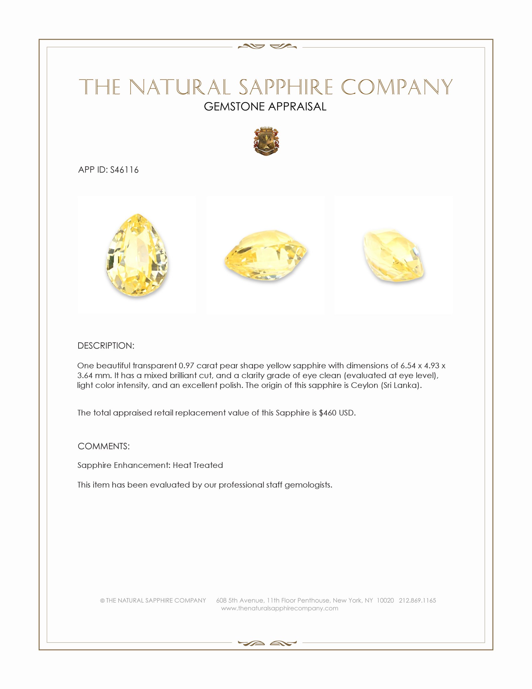 0.97 Ct. Yellow Sapphire from Ceylon (Sri Lanka)