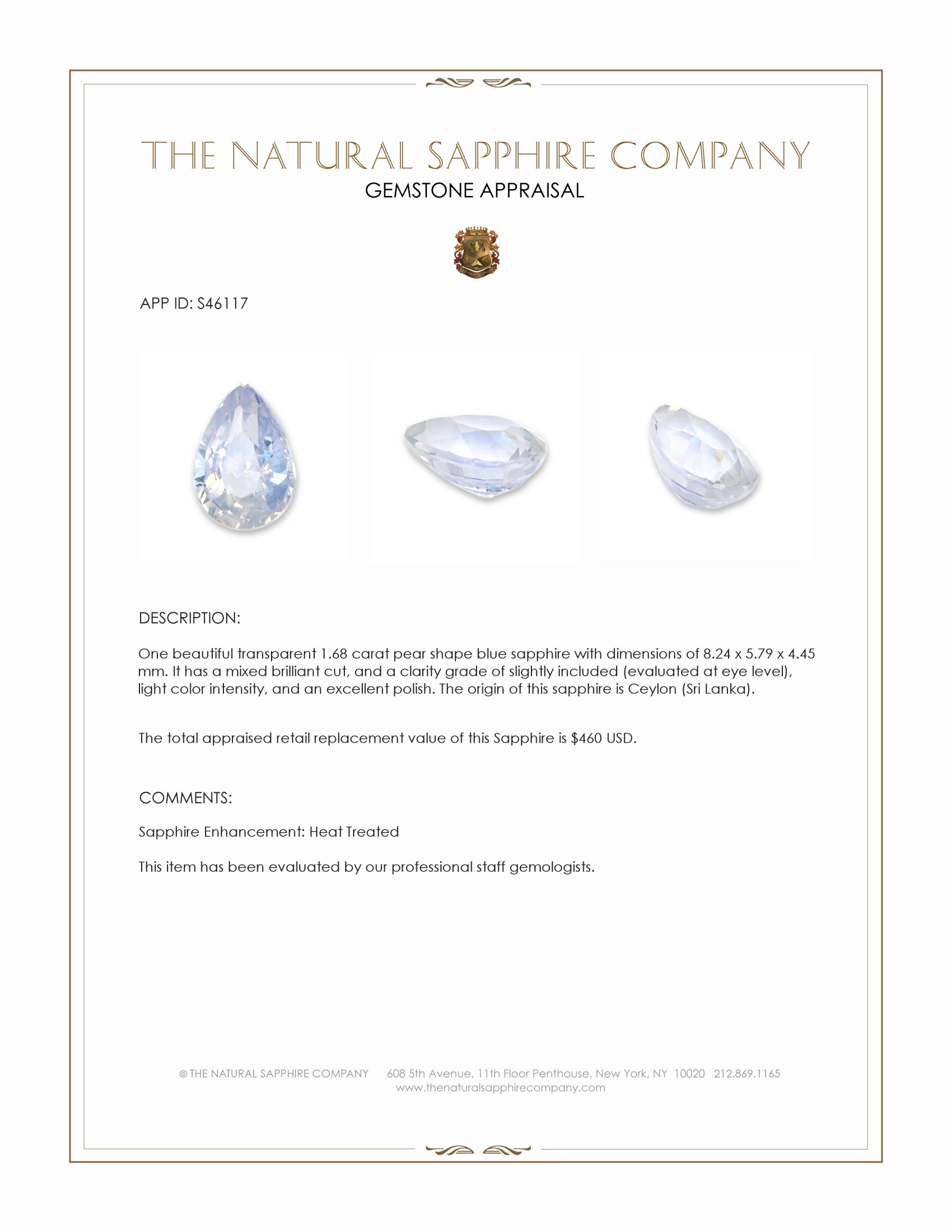1.68 Ct. Blue Sapphire from Ceylon (Sri Lanka)