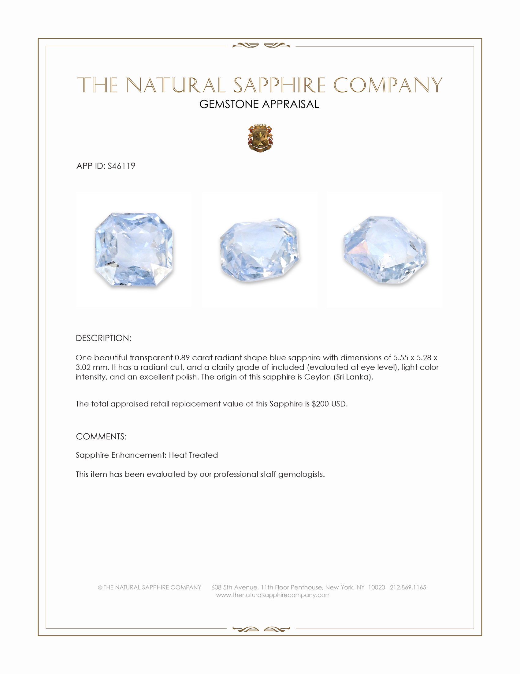 0.89 Ct. Blue Sapphire from Ceylon (Sri Lanka)