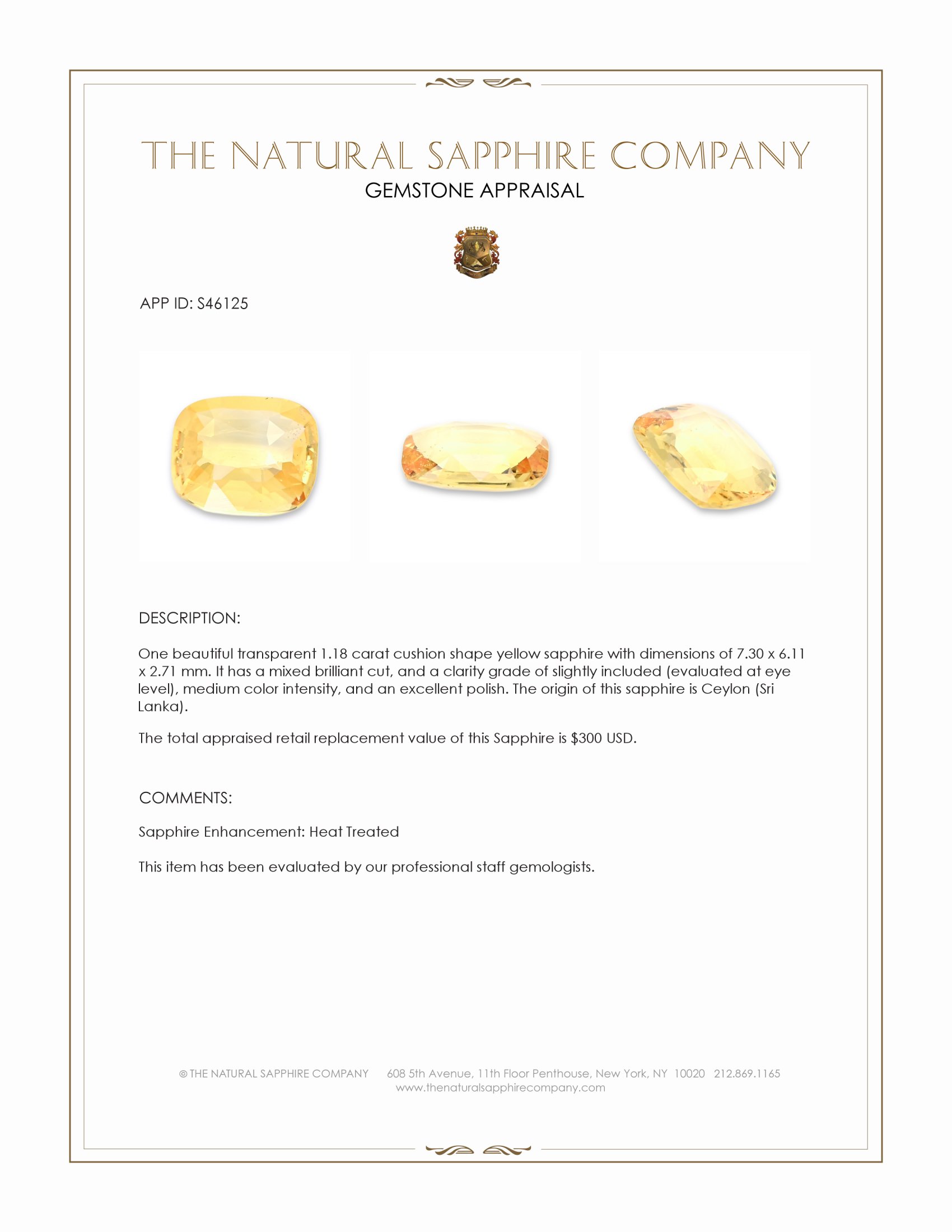 1.18 Ct. Yellow Sapphire from Ceylon (Sri Lanka)