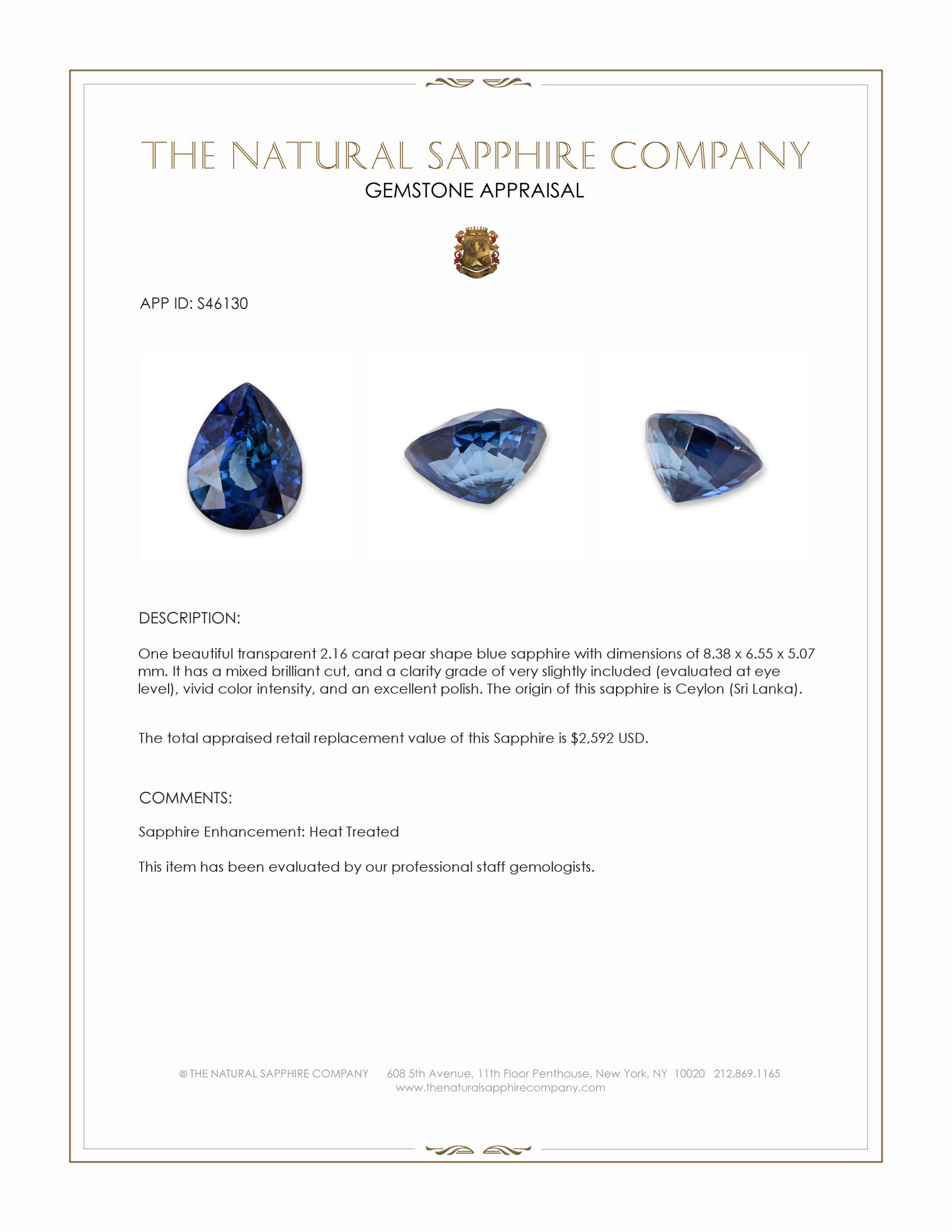 2.16 Ct. Blue Sapphire from Ceylon (Sri Lanka)