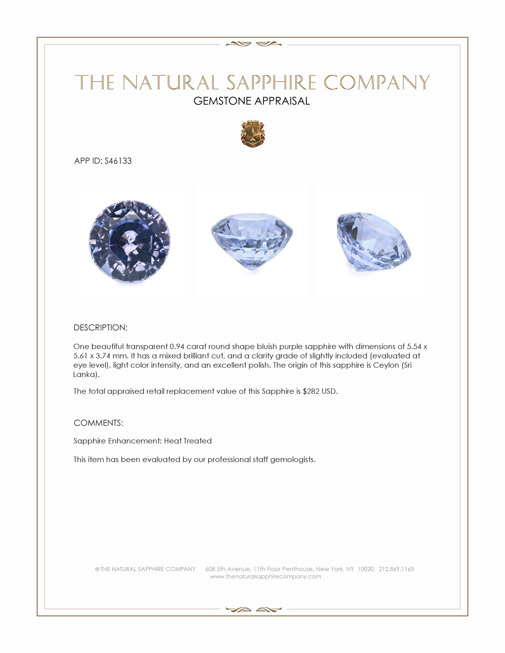 0.94 Ct. Bluish Purple Sapphire from Ceylon (Sri Lanka)