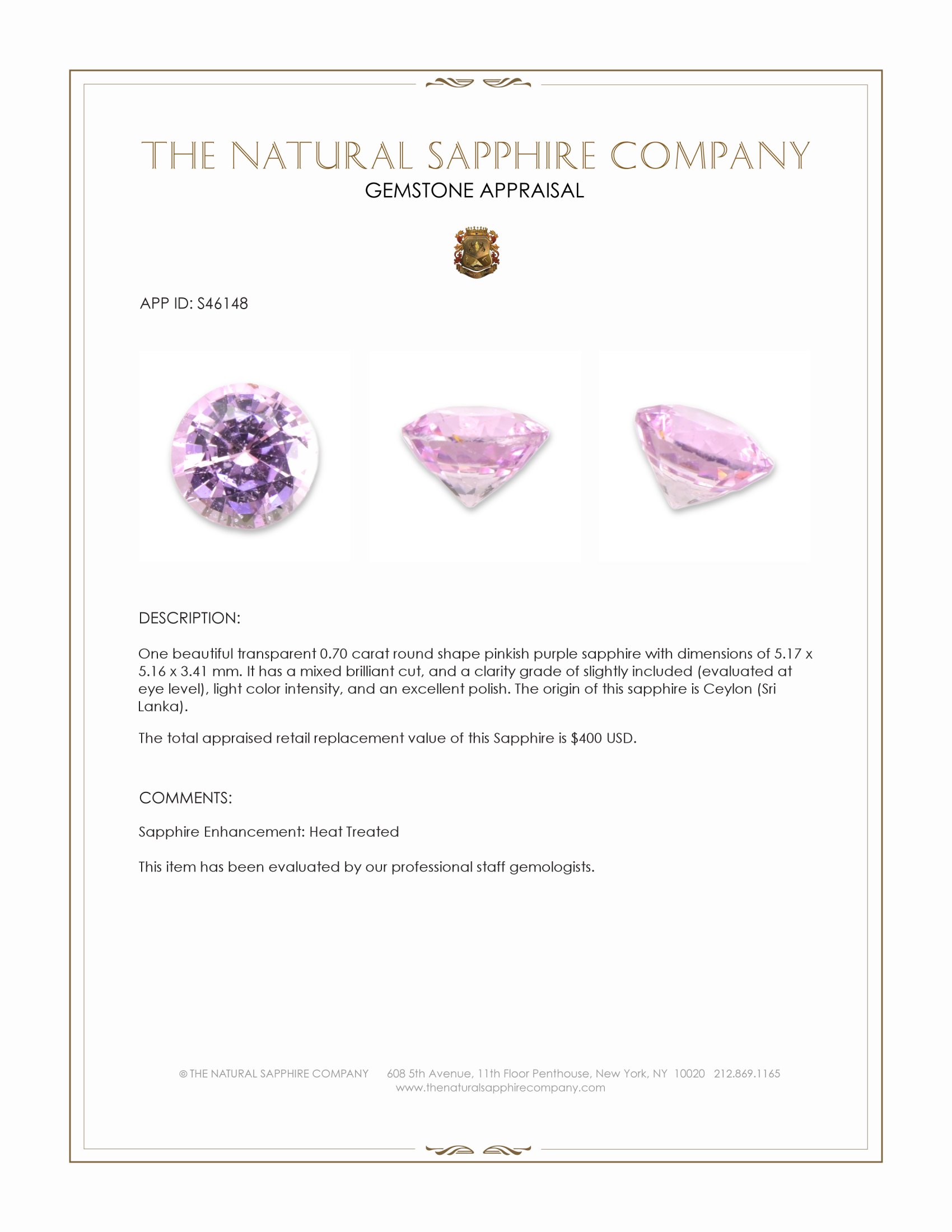 0.70 Ct. Pinkish Purple Sapphire from Ceylon (Sri Lanka)