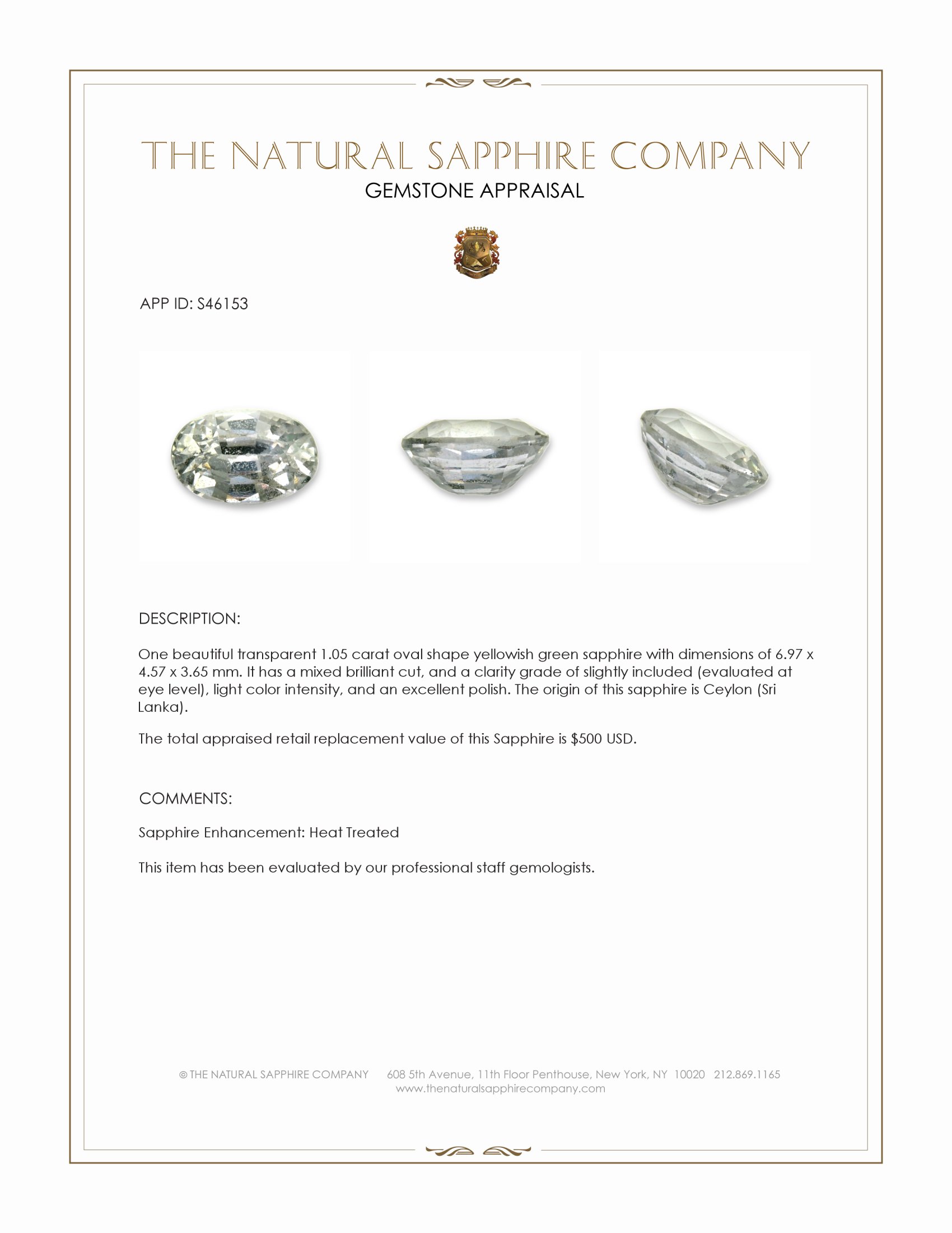 1.05 Ct. Yellowish Green Sapphire from Ceylon (Sri Lanka)