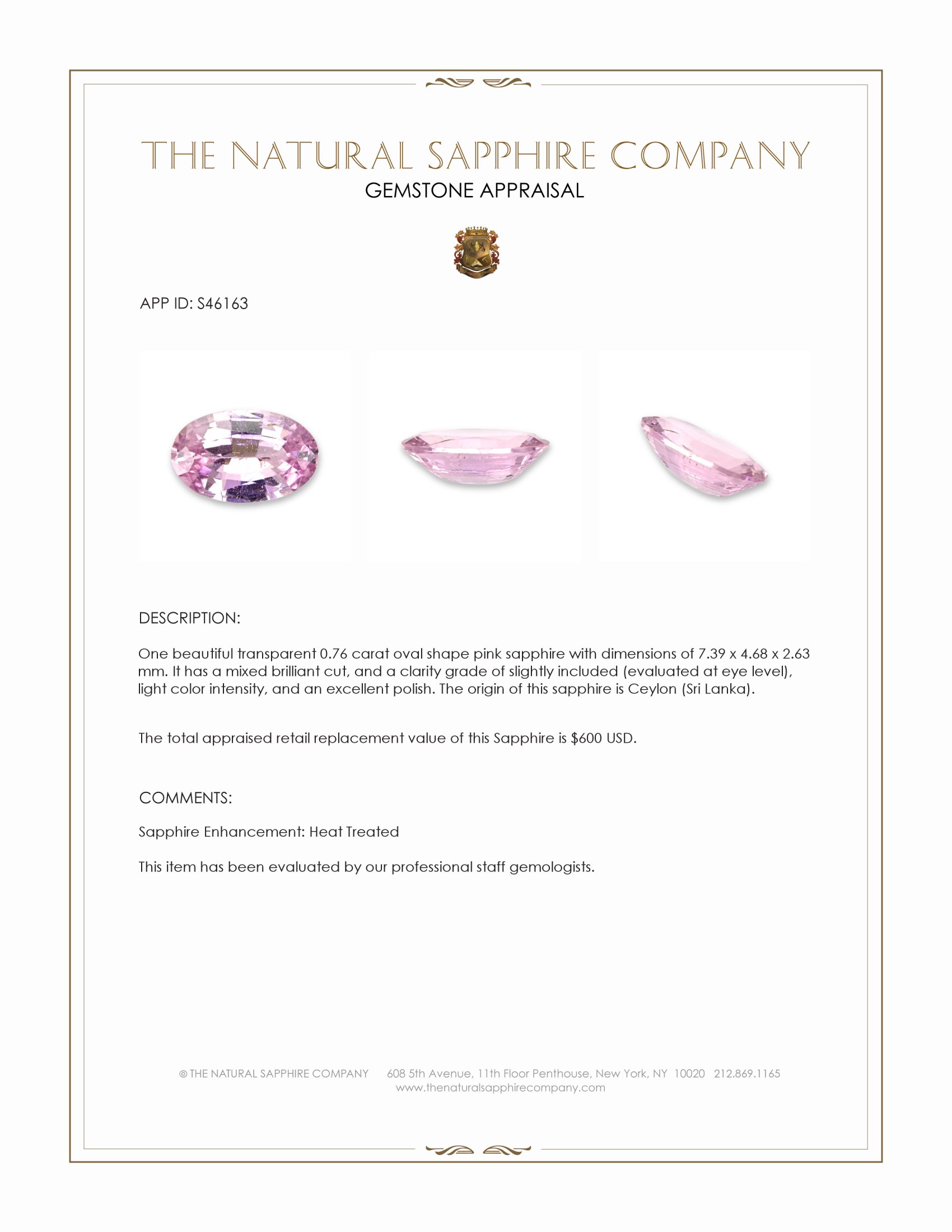0.76 Ct. Pink Sapphire from Ceylon (Sri Lanka)