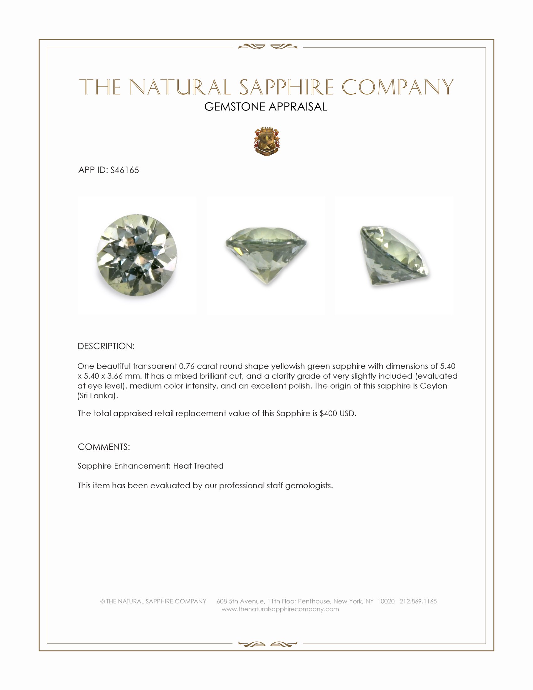 0.76 Ct. Yellowish Green Sapphire from Ceylon (Sri Lanka)