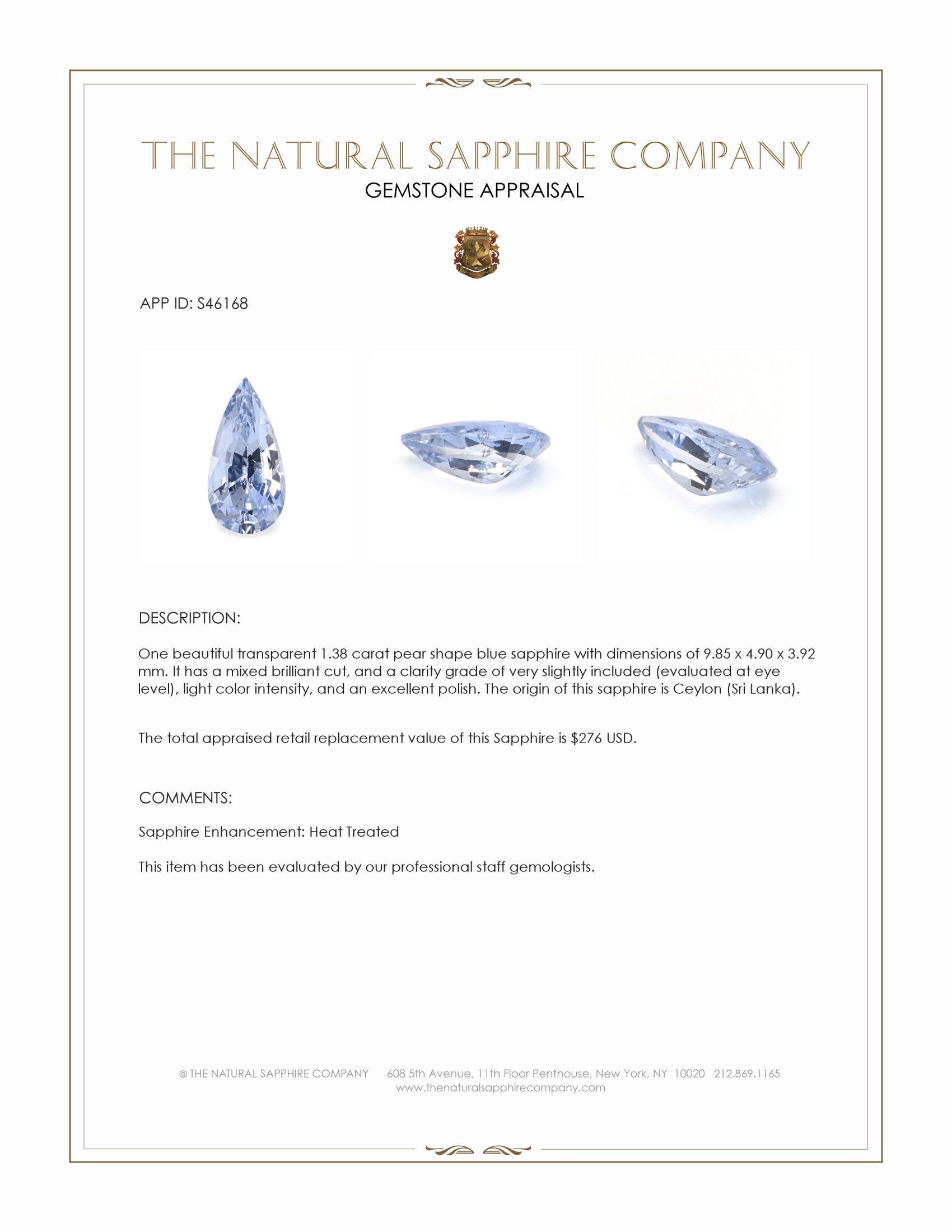 1.38 Ct. Blue Sapphire from Ceylon (Sri Lanka)