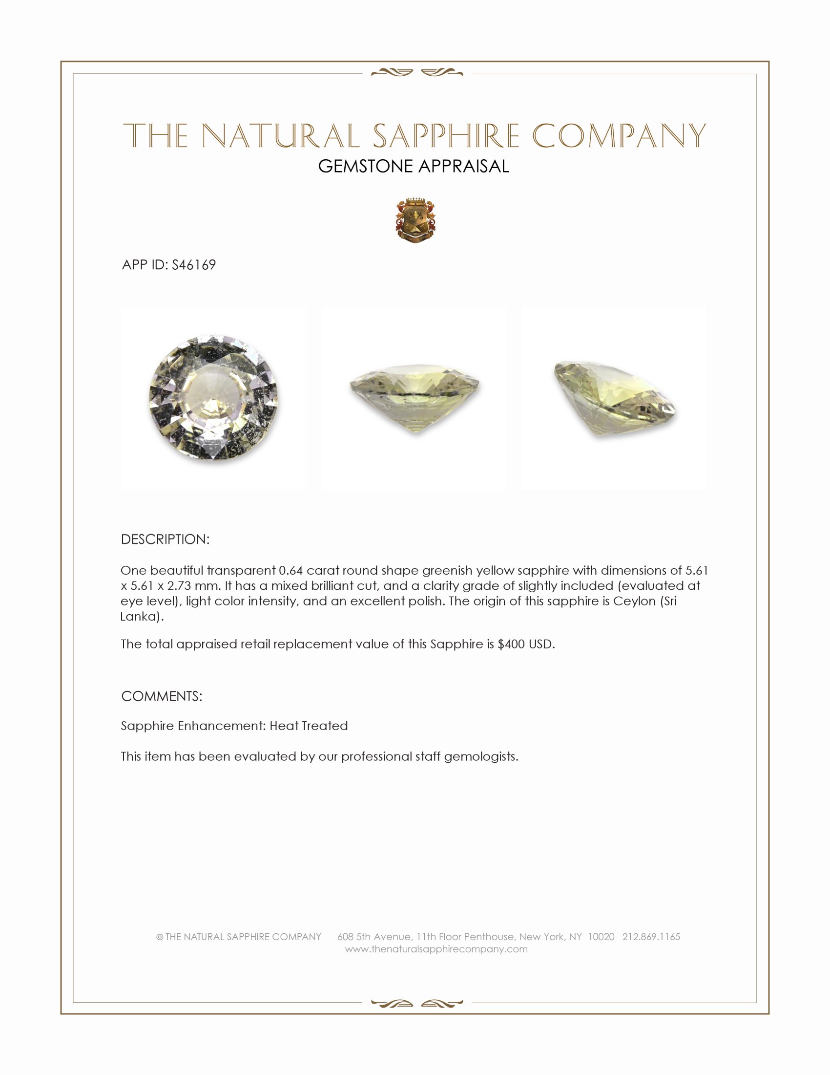 0.64 Ct. Greenish Yellow Sapphire from Ceylon (Sri Lanka)