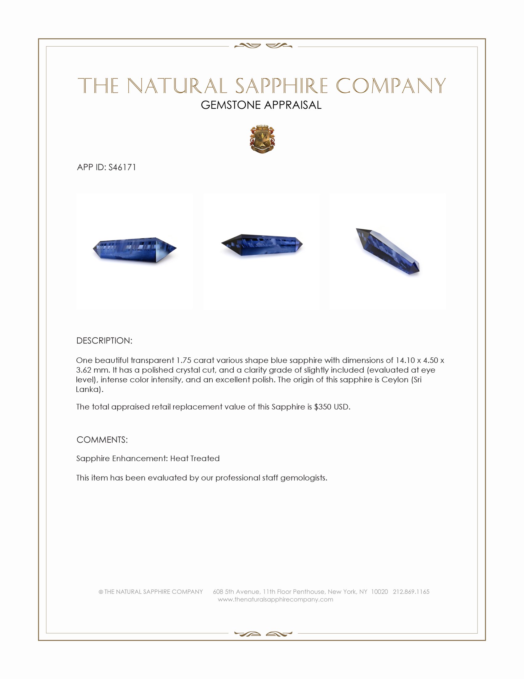 1.75 Ct. Blue Sapphire Crystal from Ceylon (Sri Lanka)
