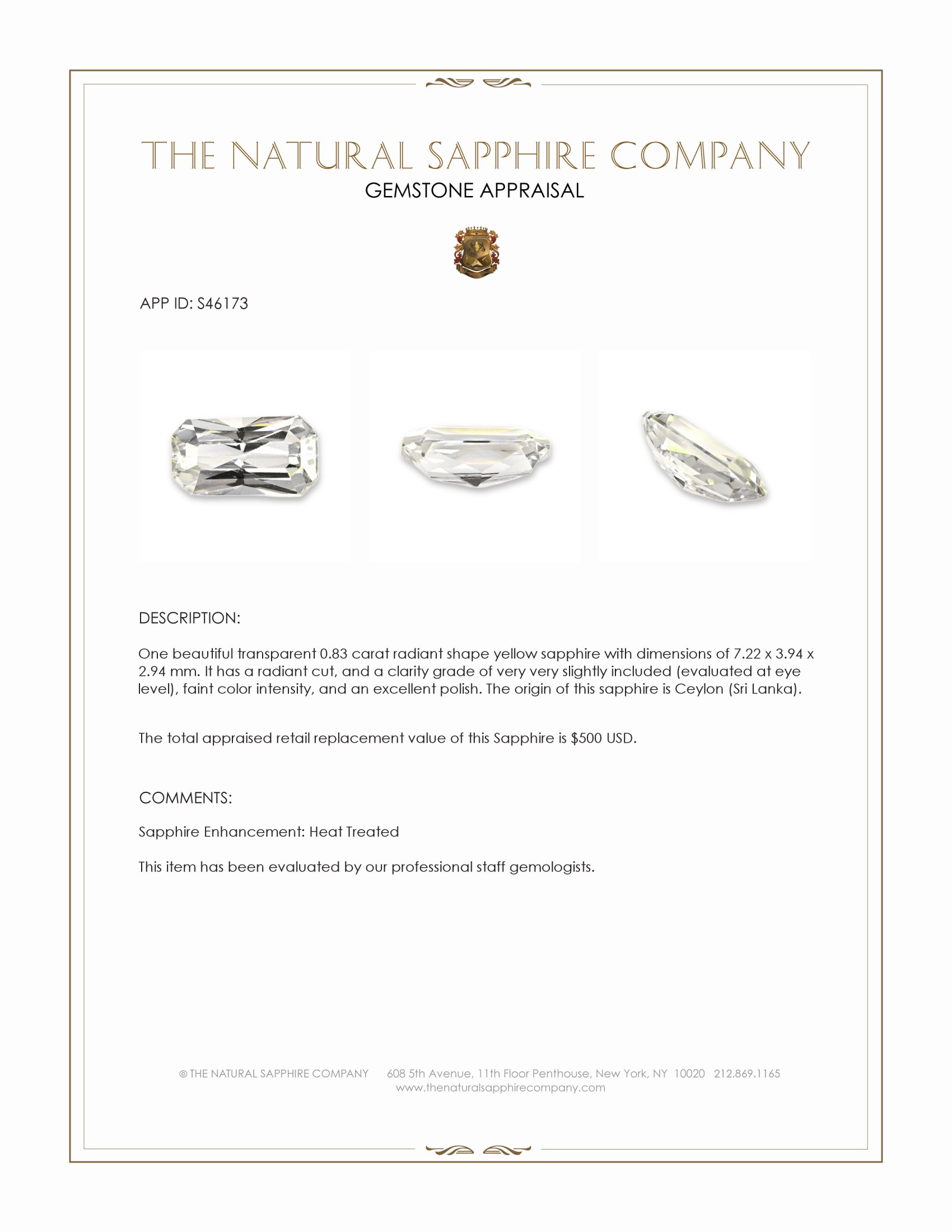 0.83 Ct. Yellow Sapphire from Ceylon (Sri Lanka)