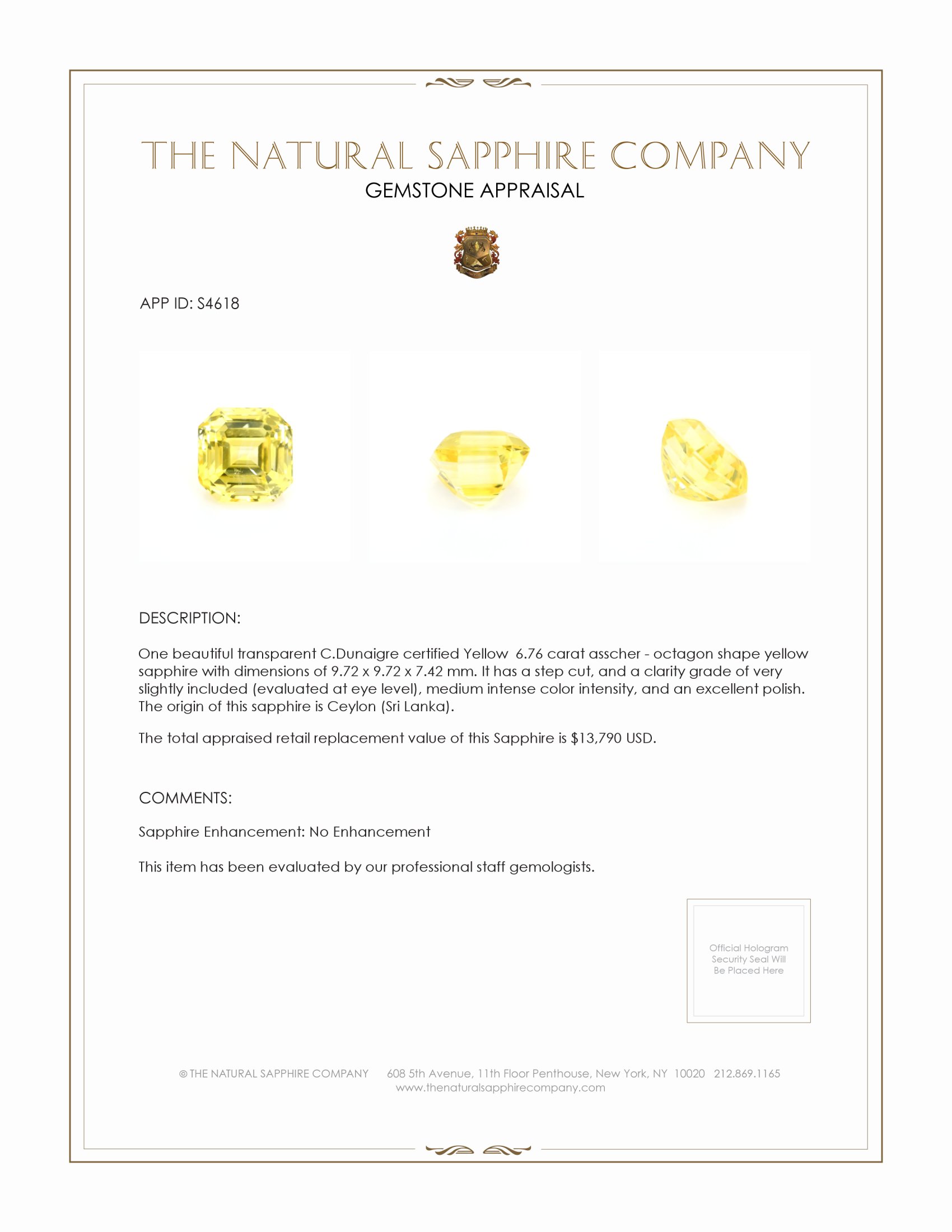 6.76 Ct. Yellow Sapphire from Ceylon (Sri Lanka)
