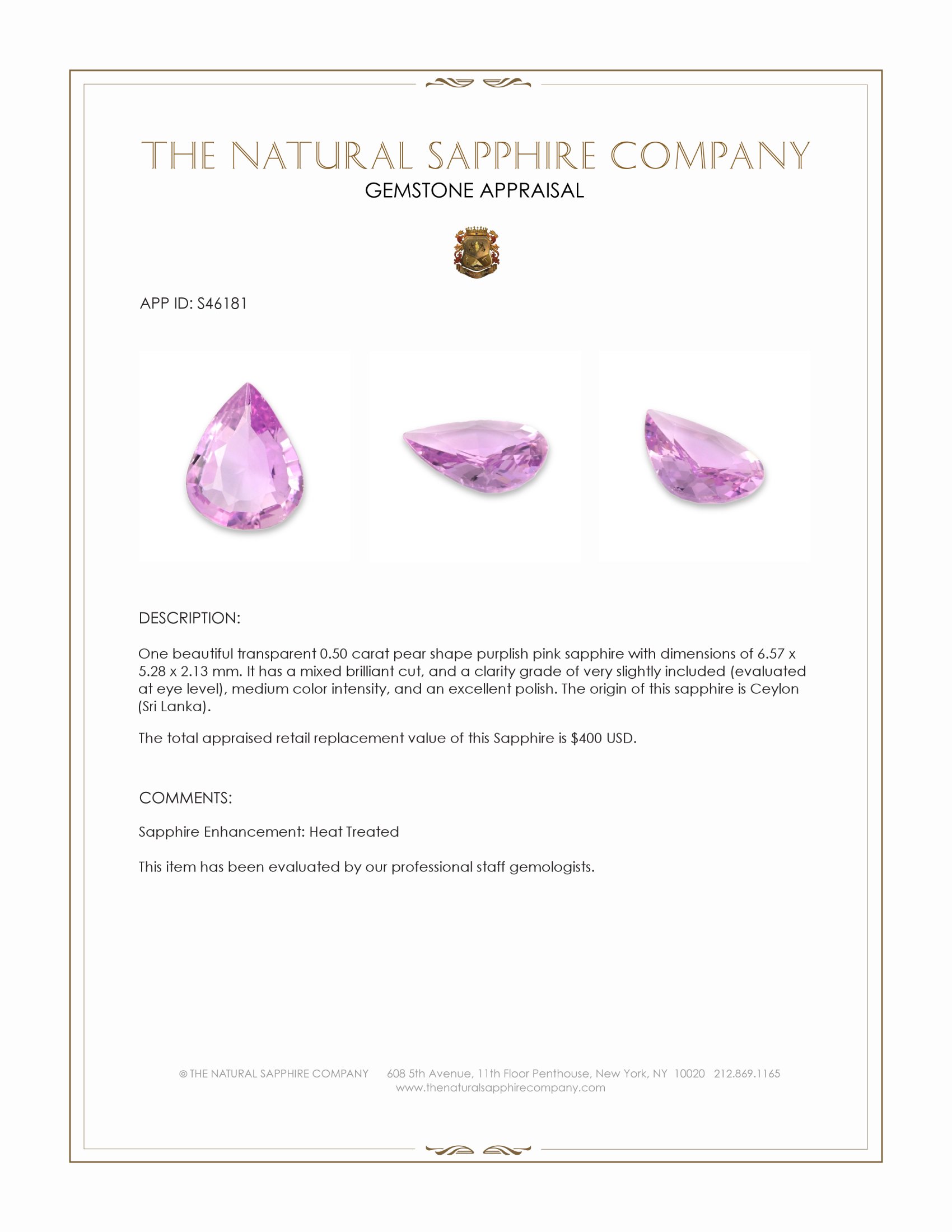 0.50 Ct. Purplish Pink Sapphire from Ceylon (Sri Lanka)