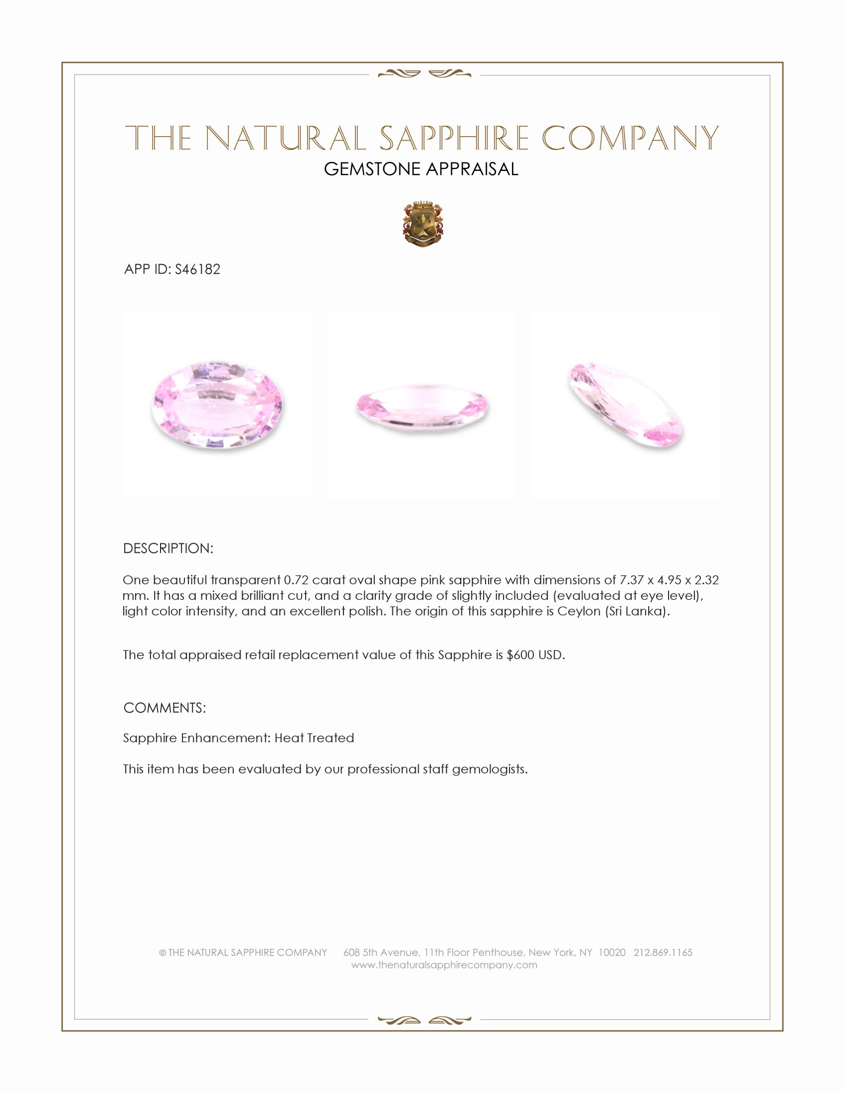 0.72 Ct. Pink Sapphire from Ceylon (Sri Lanka)