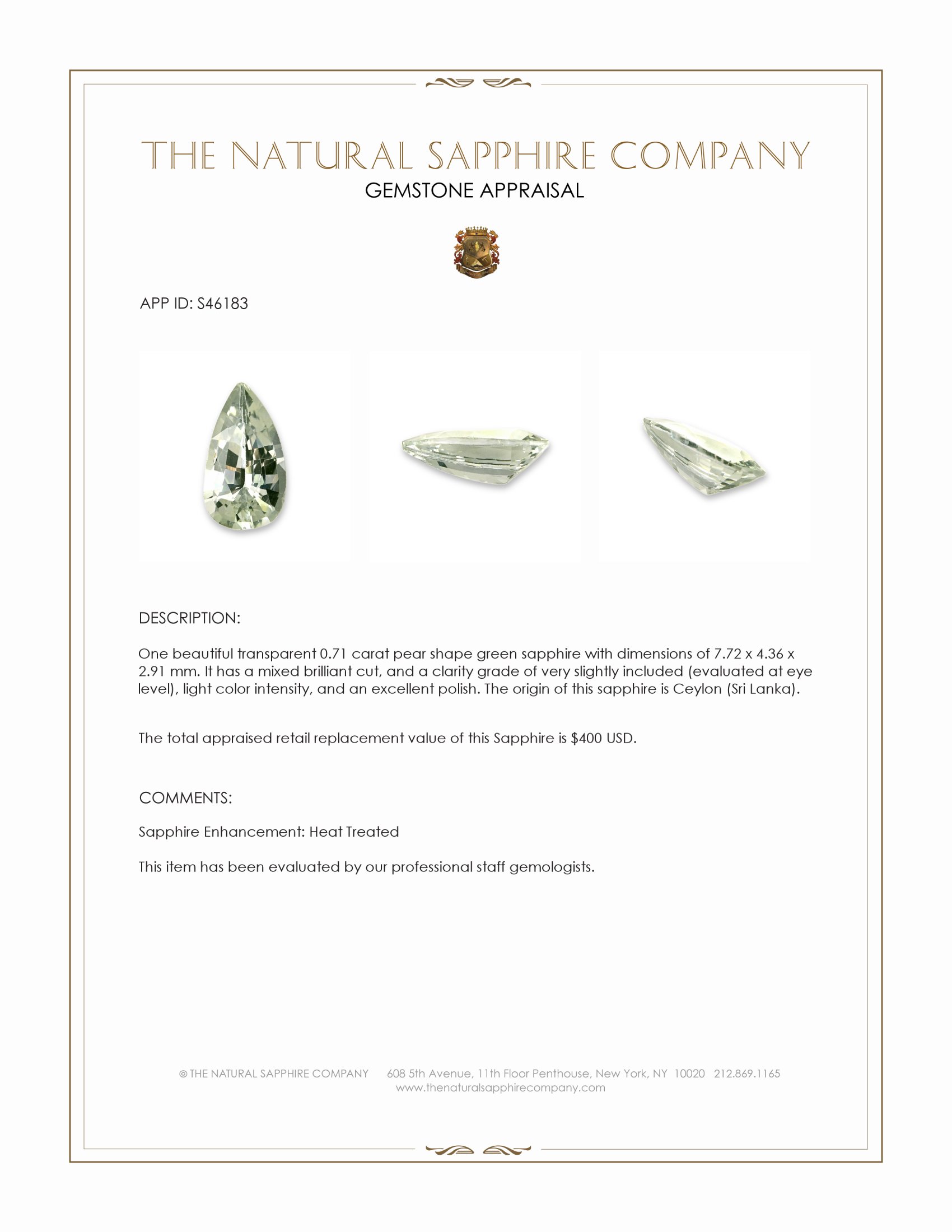 0.71 Ct. Green Sapphire from Ceylon (Sri Lanka)