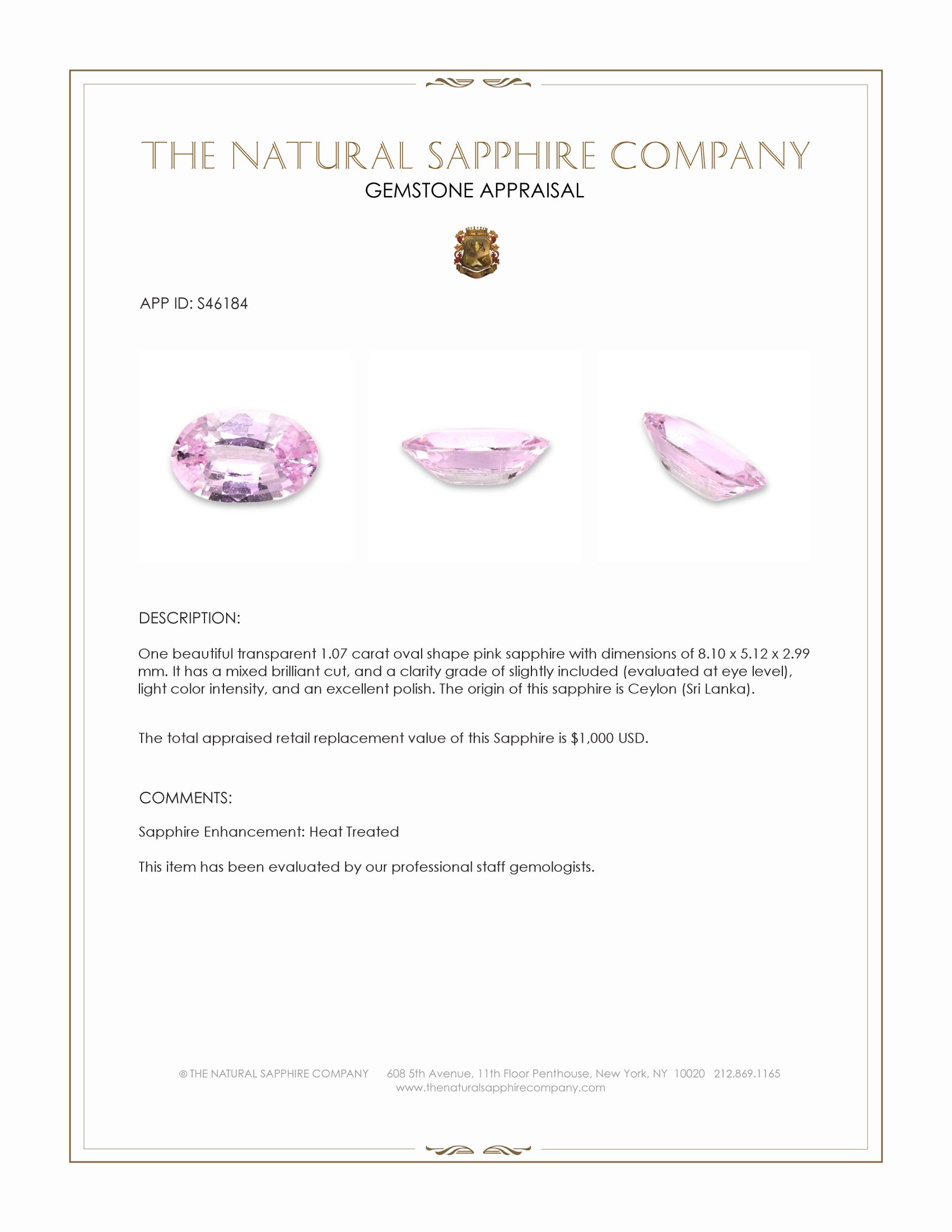 1.07 Ct. Pink Sapphire from Ceylon (Sri Lanka)