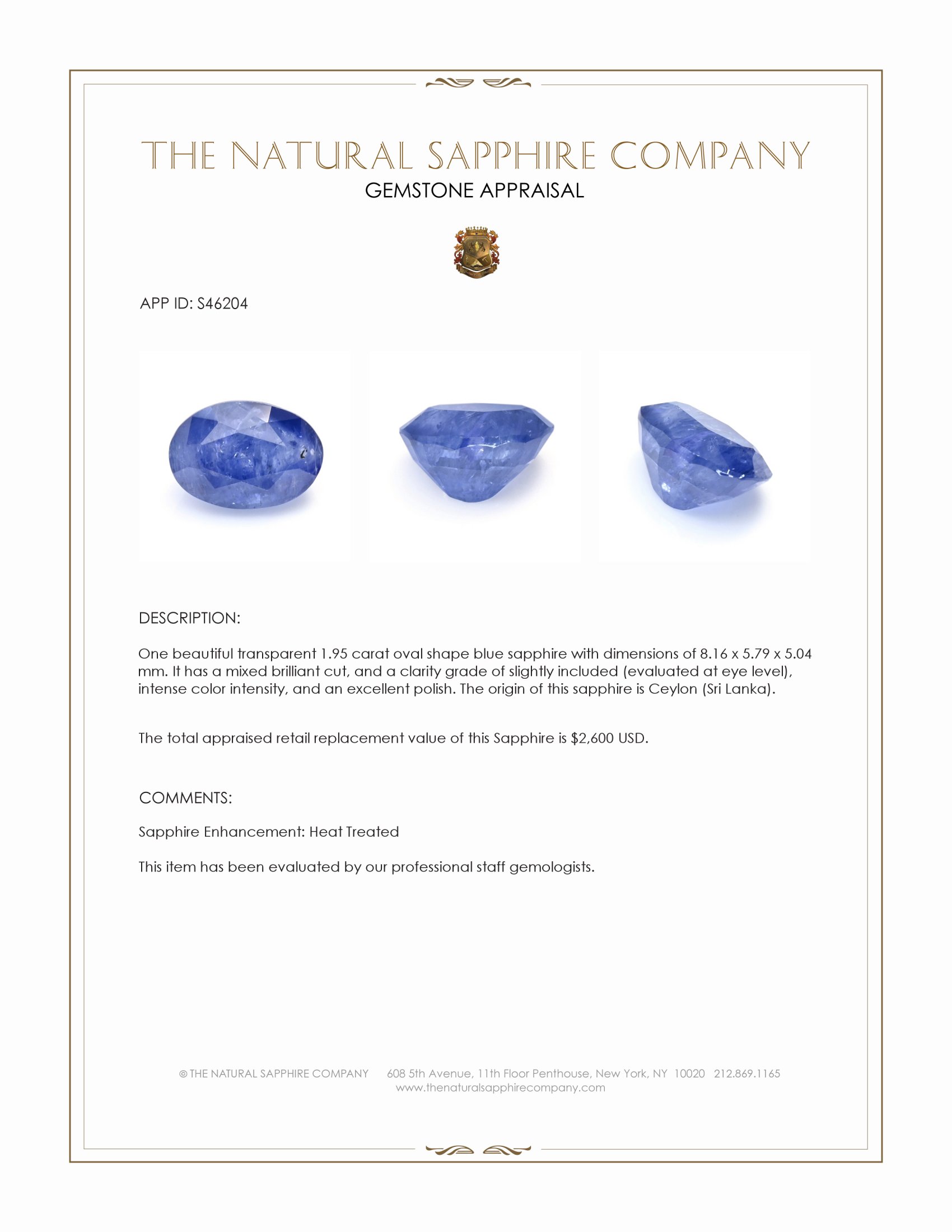 1.95 Ct. Blue Sapphire from Ceylon (Sri Lanka)