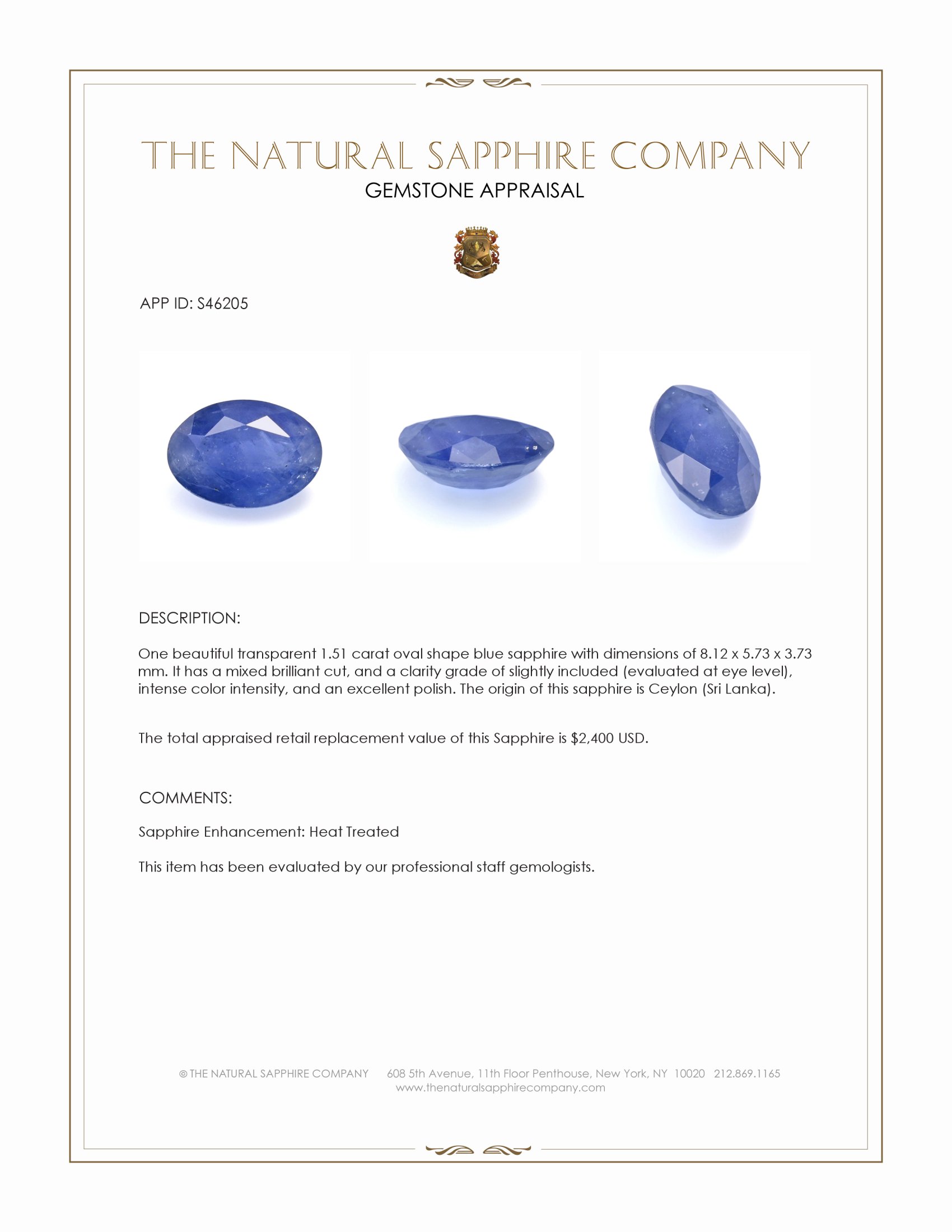 1.51 Ct. Blue Sapphire from Ceylon (Sri Lanka)