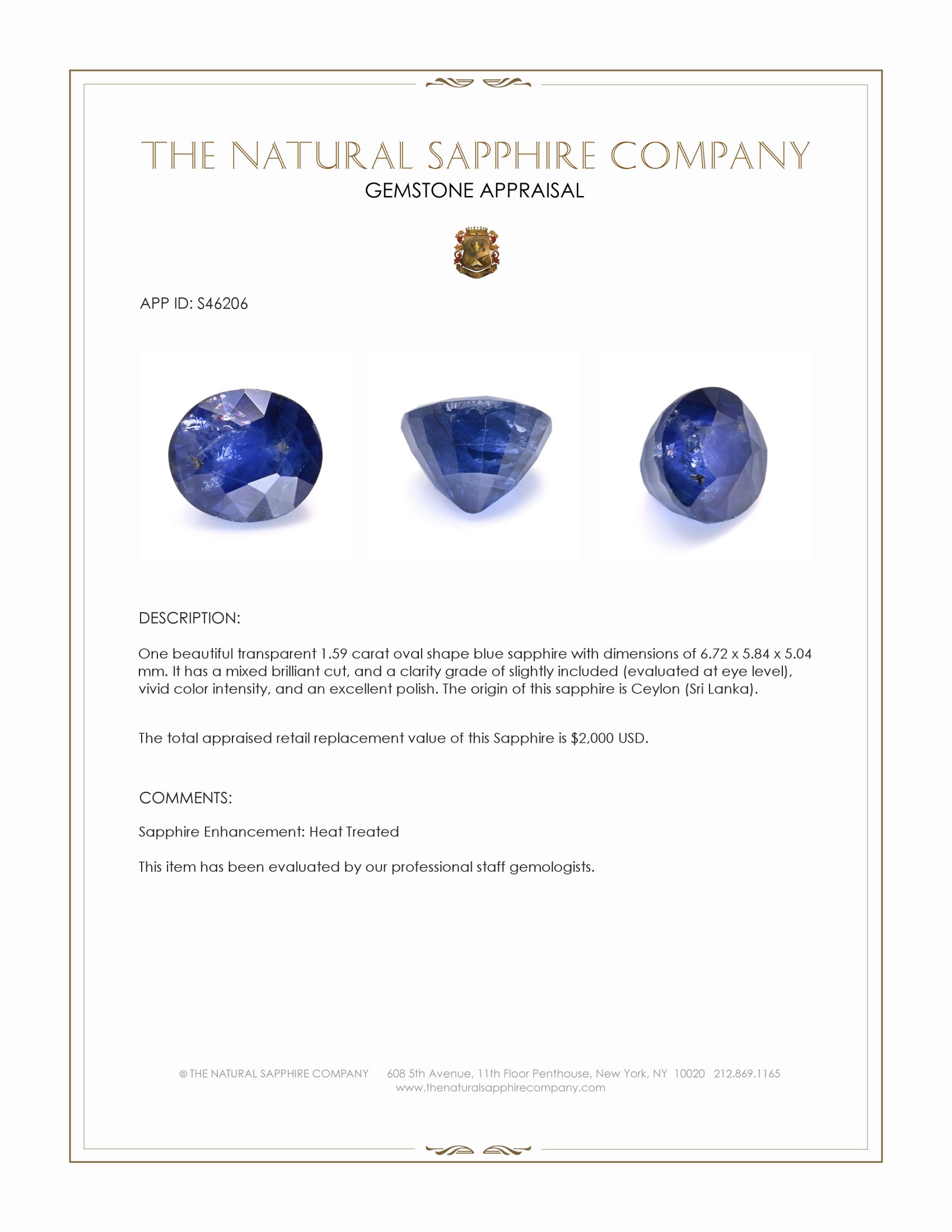 1.59 Ct. Blue Sapphire from Ceylon (Sri Lanka)