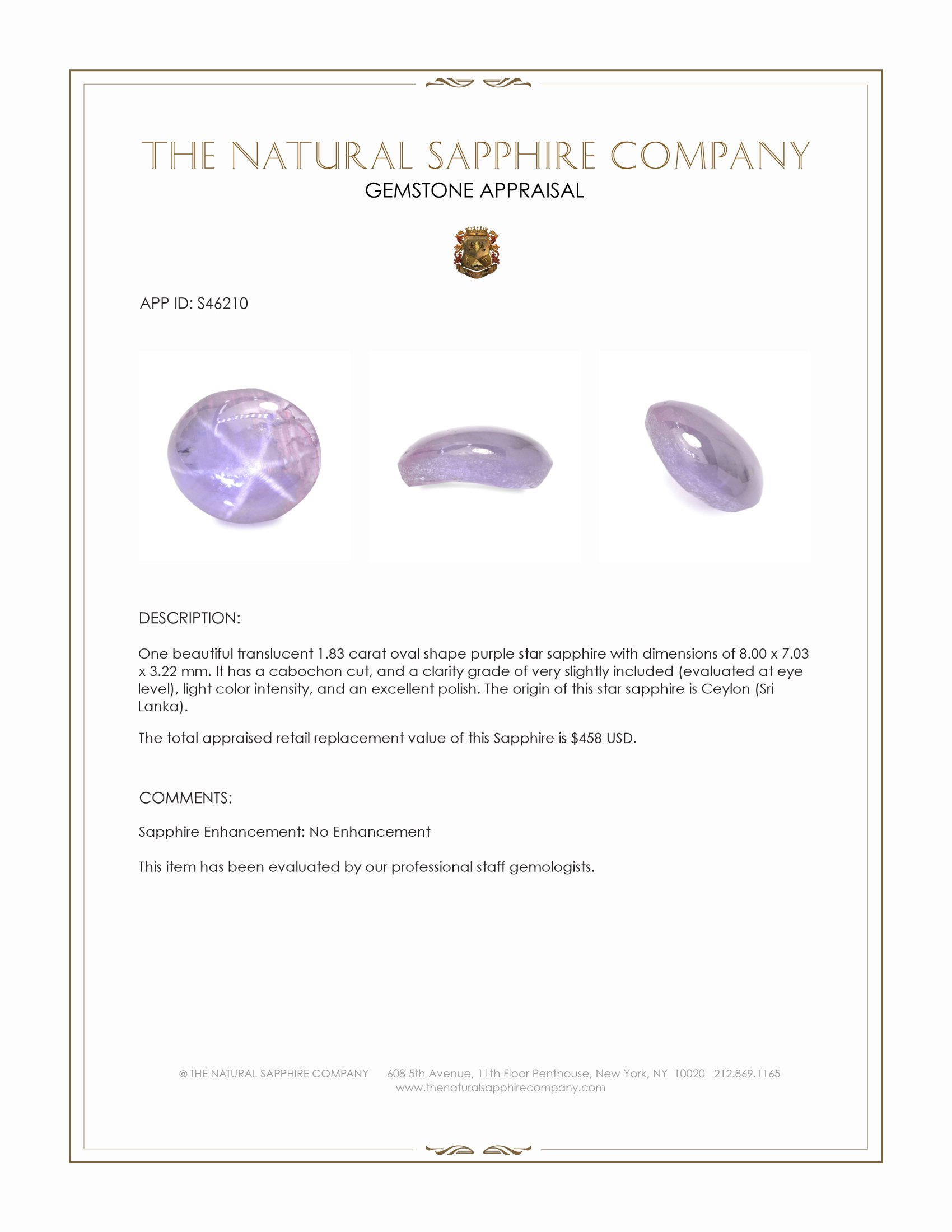 1.83 Ct. Purple Star Sapphire from Ceylon (Sri Lanka)
