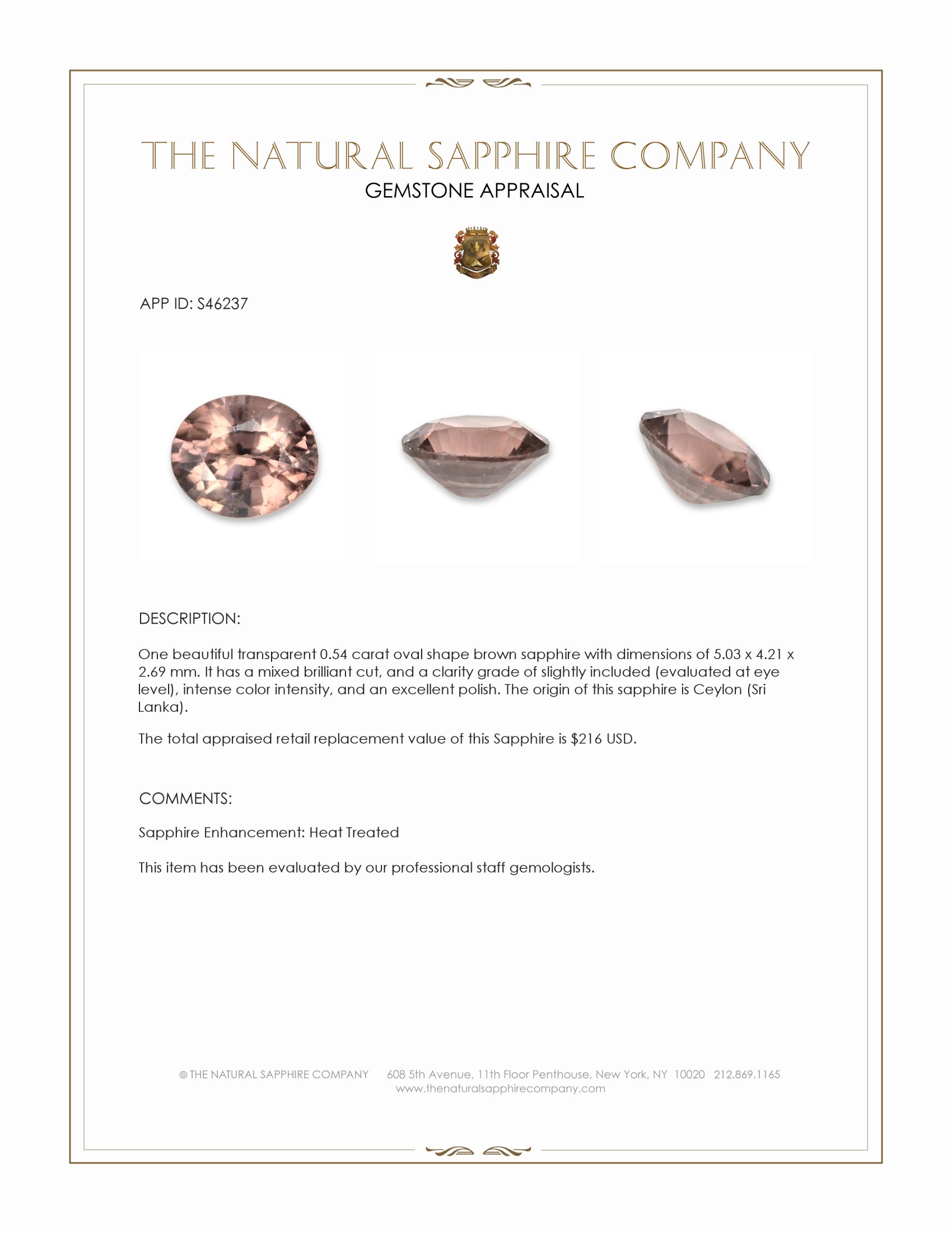 0.54 Ct. Brown Sapphire from Ceylon (Sri Lanka)
