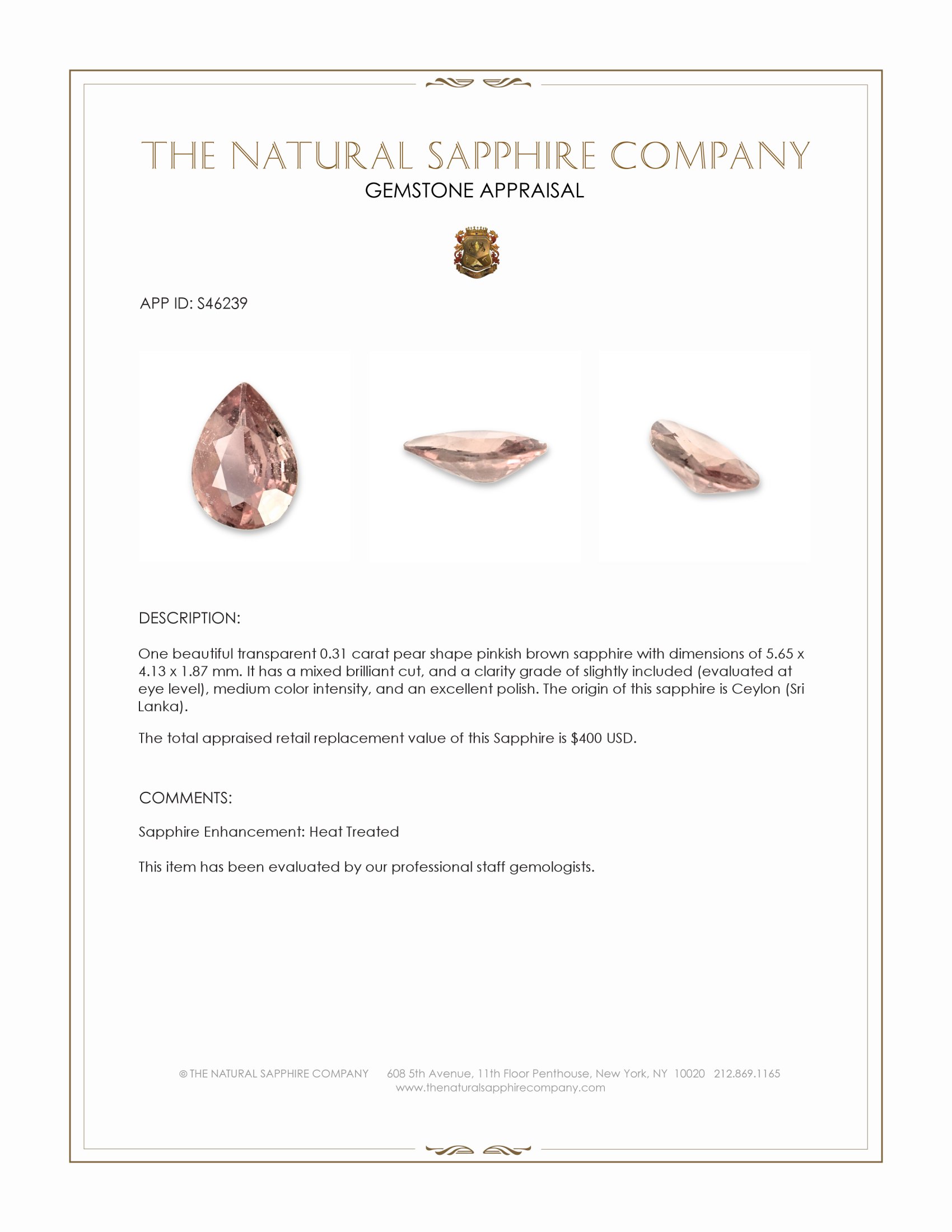 0.31 Ct. Pinkish Brown Sapphire from Ceylon (Sri Lanka)