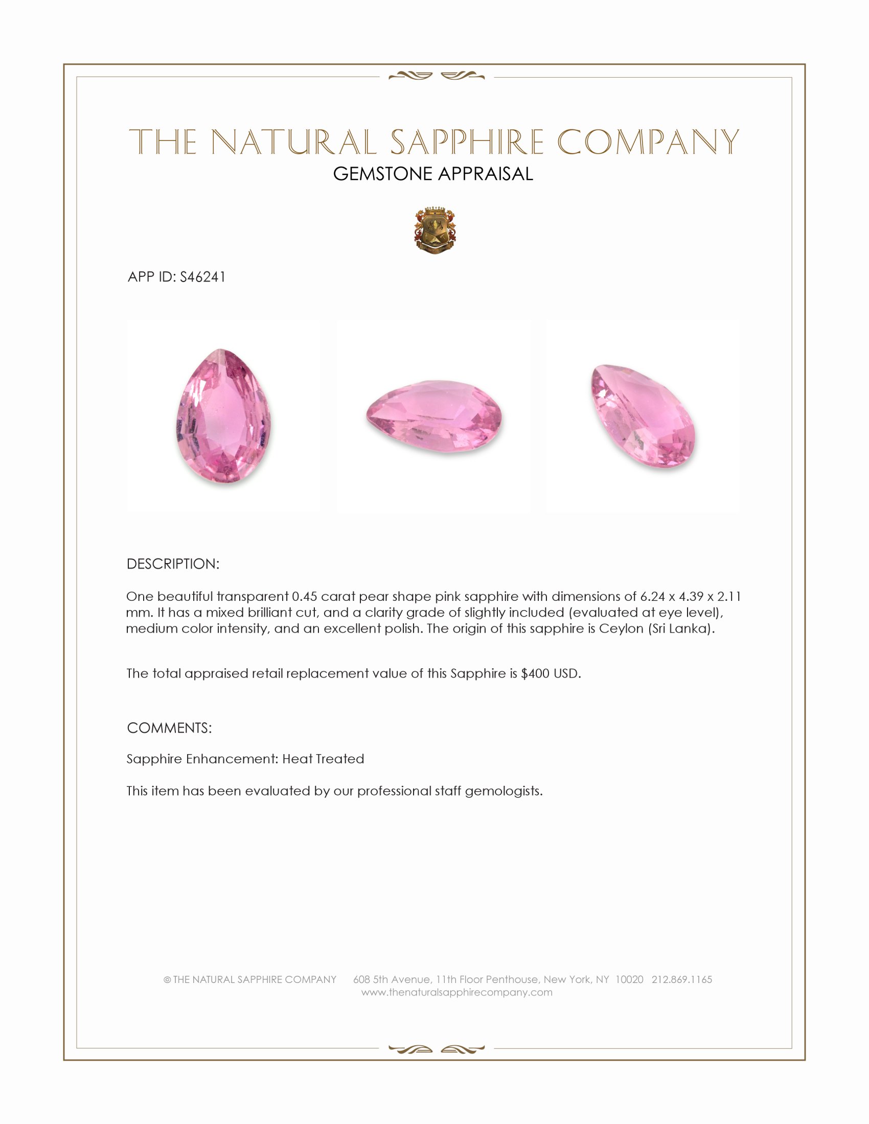 0.45 Ct. Pink Sapphire from Ceylon (Sri Lanka)