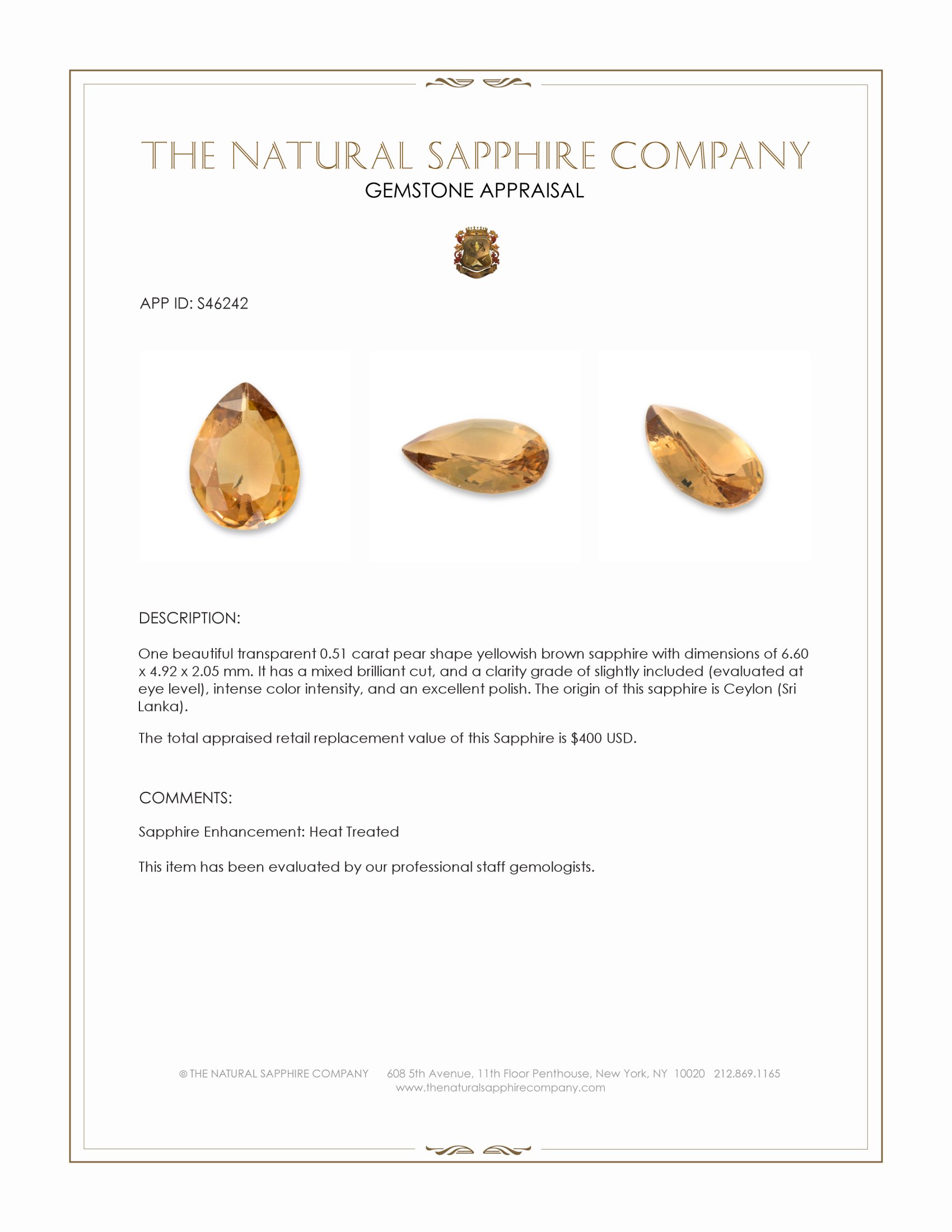 0.51 Ct. Yellowish Brown Sapphire from Ceylon (Sri Lanka)