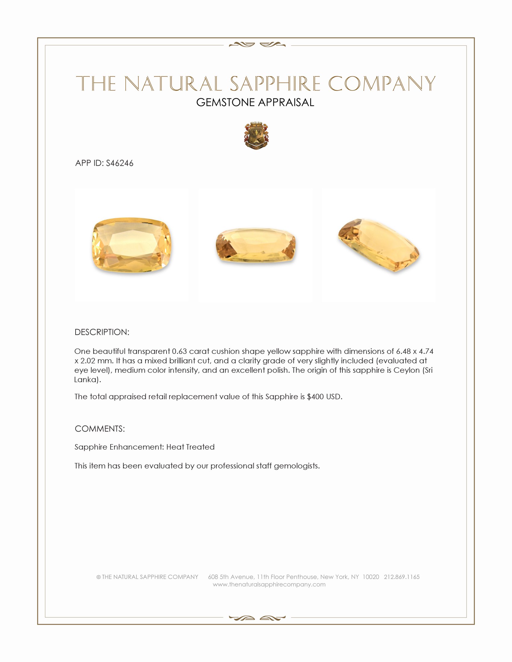 0.63 Ct. Yellow Sapphire from Ceylon (Sri Lanka)