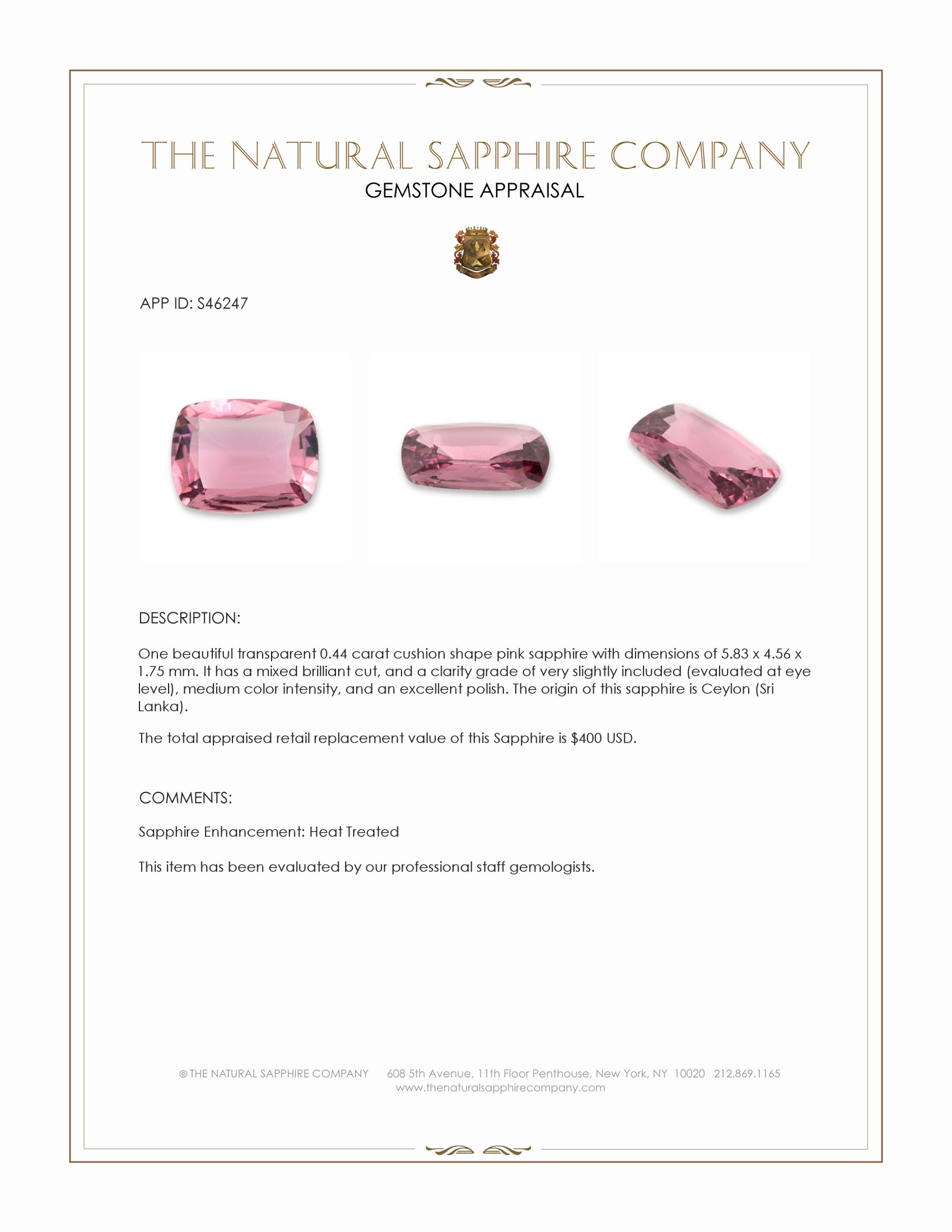 0.44 Ct. Pink Sapphire from Ceylon (Sri Lanka)