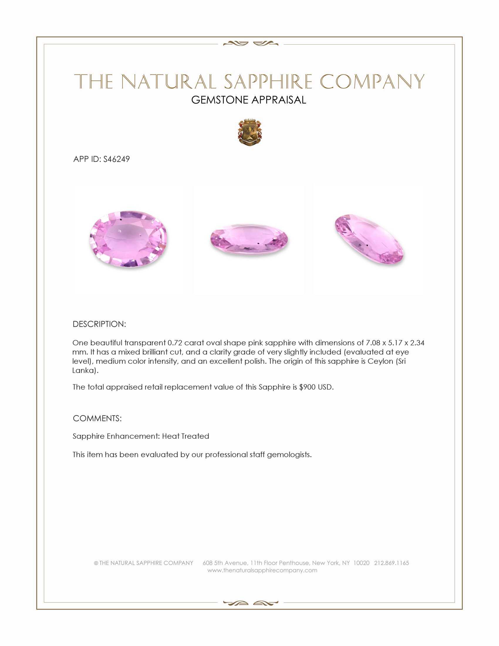 0.72 Ct. Pink Sapphire from Ceylon (Sri Lanka)