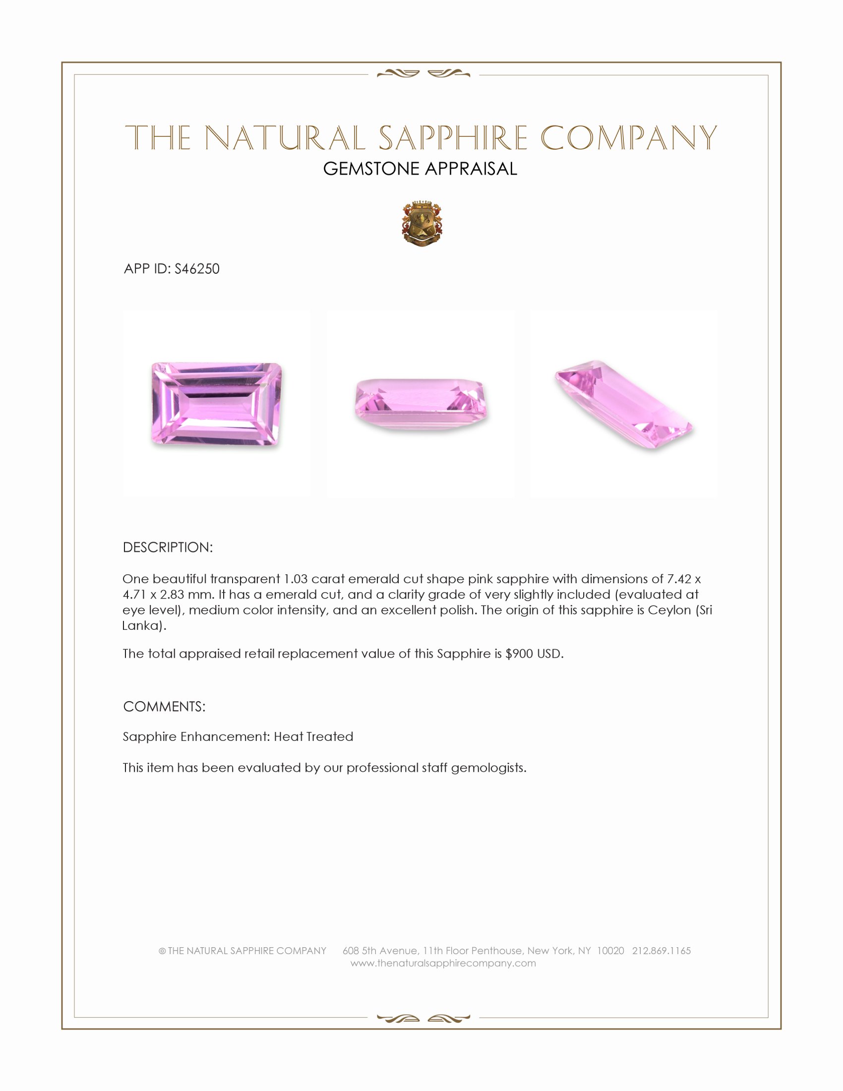 1.03 Ct. Pink Sapphire from Ceylon (Sri Lanka)