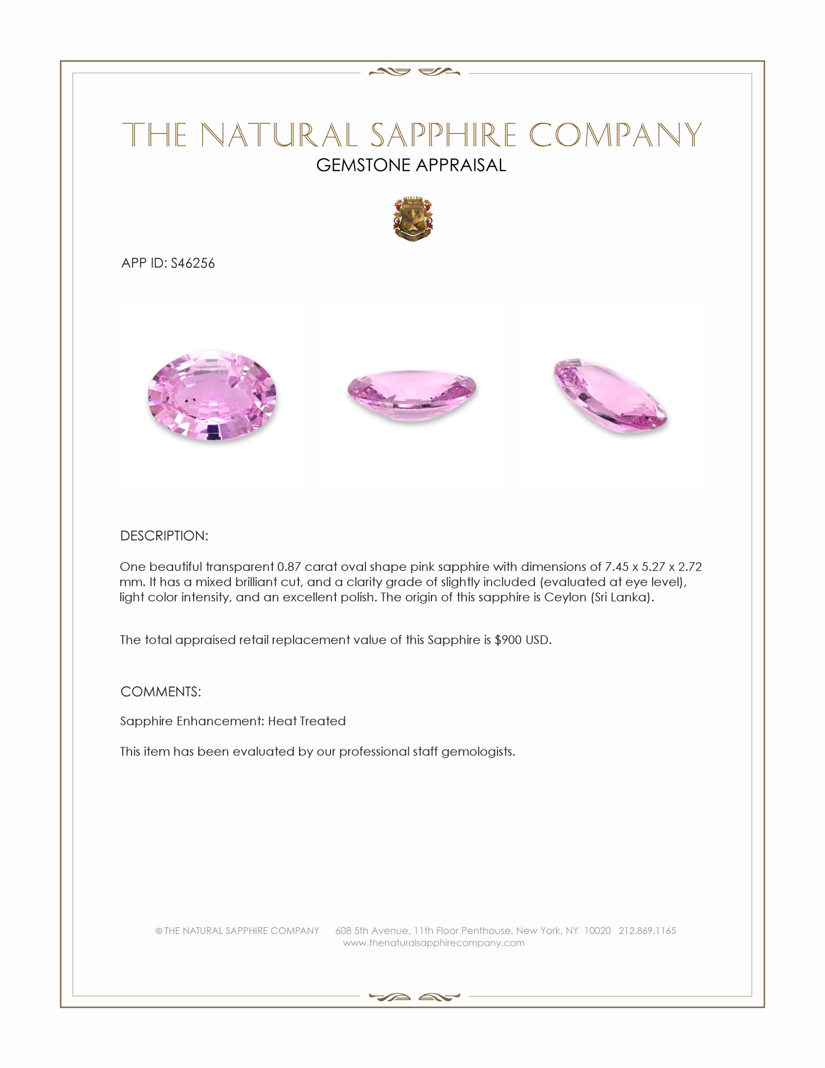 0.87 Ct. Pink Sapphire from Ceylon (Sri Lanka)