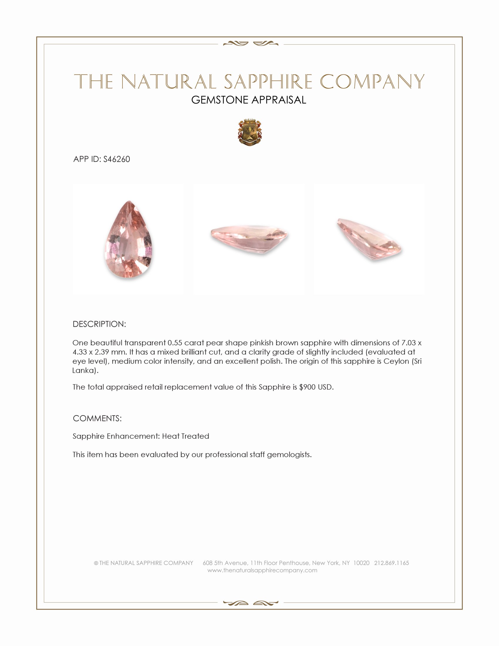 0.55 Ct. Pinkish Brown Sapphire from Ceylon (Sri Lanka)