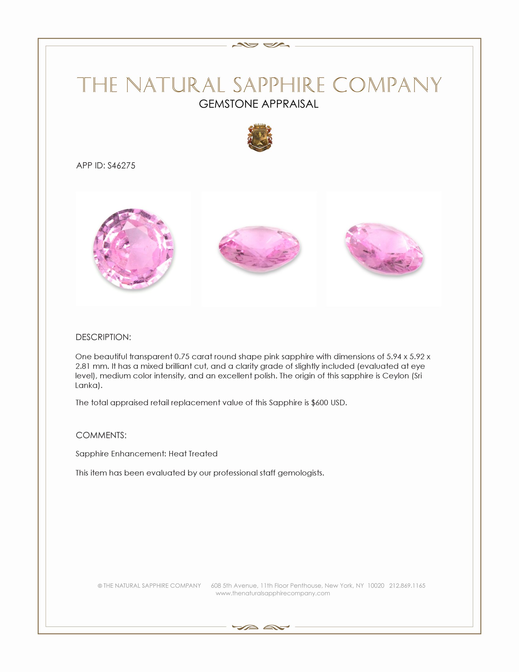 0.75 Ct. Pink Sapphire from Ceylon (Sri Lanka)