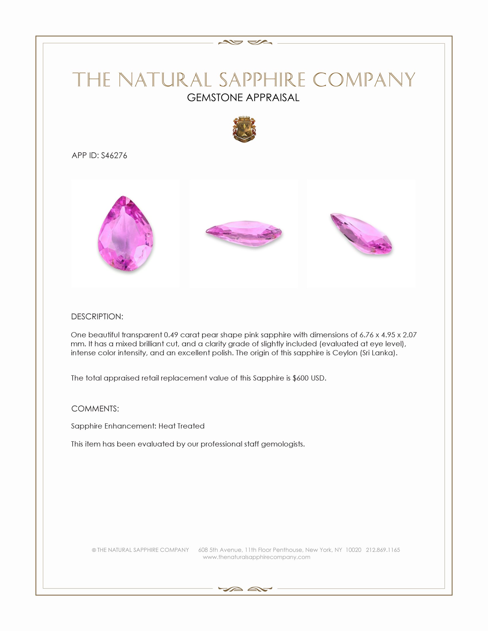 0.49 Ct. Pink Sapphire from Ceylon (Sri Lanka)