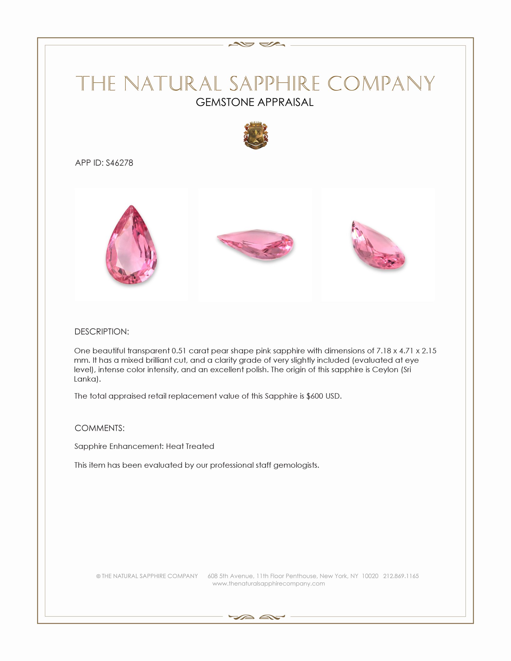 0.51 Ct. Pink Sapphire from Ceylon (Sri Lanka)