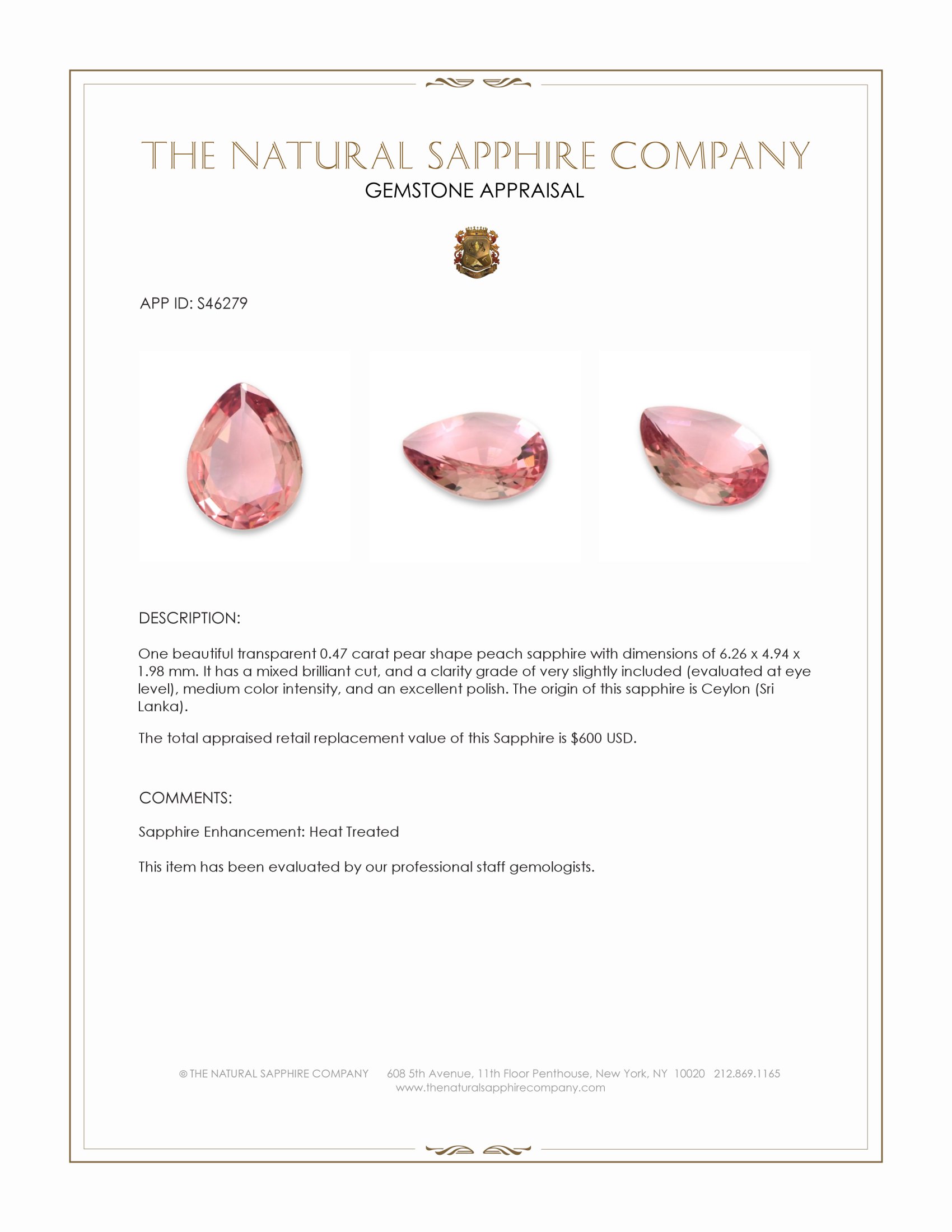0.47 Ct. Peach Sapphire from Ceylon (Sri Lanka)