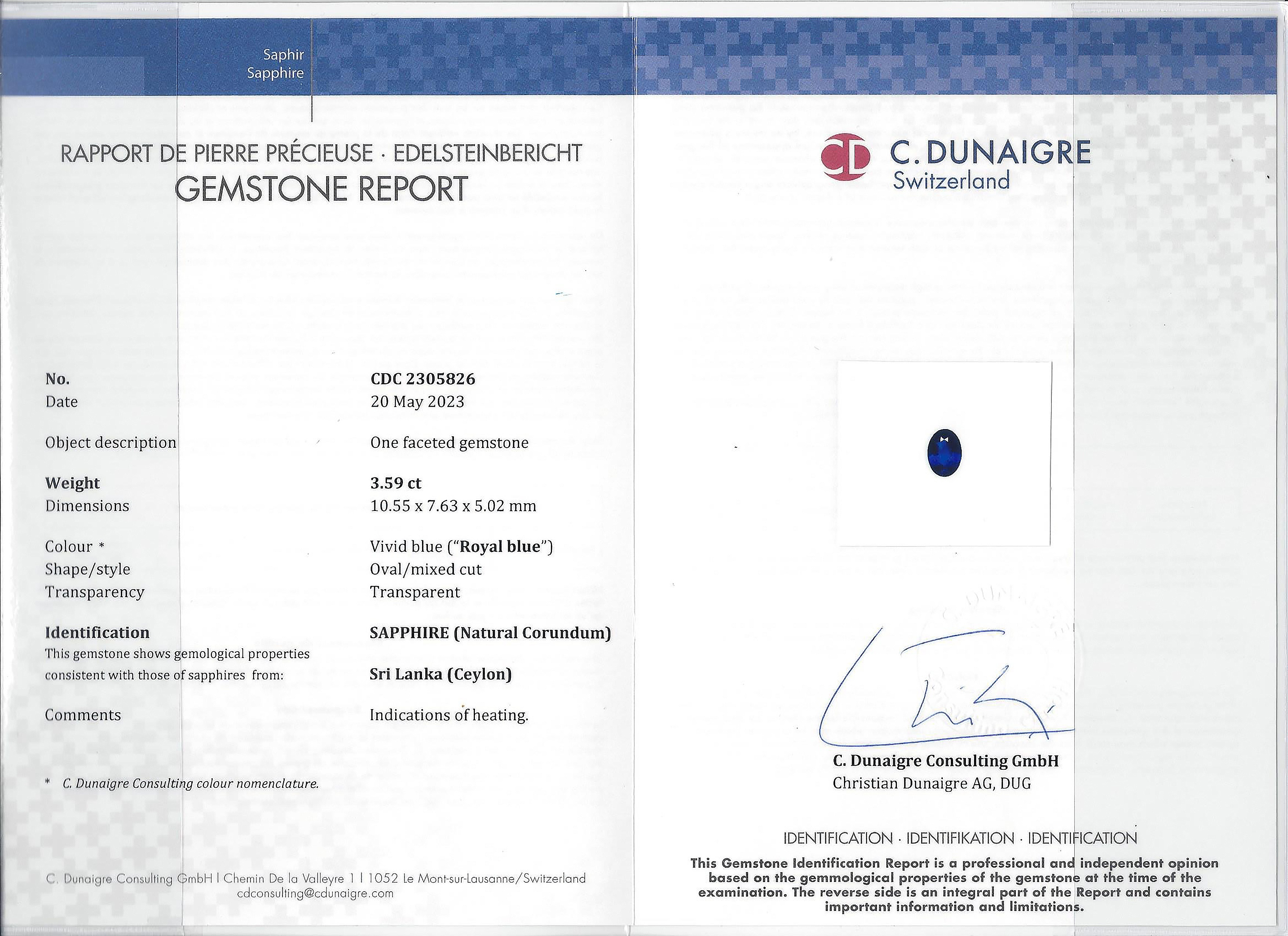 3.59 Ct. Blue Sapphire from Ceylon (Sri Lanka)