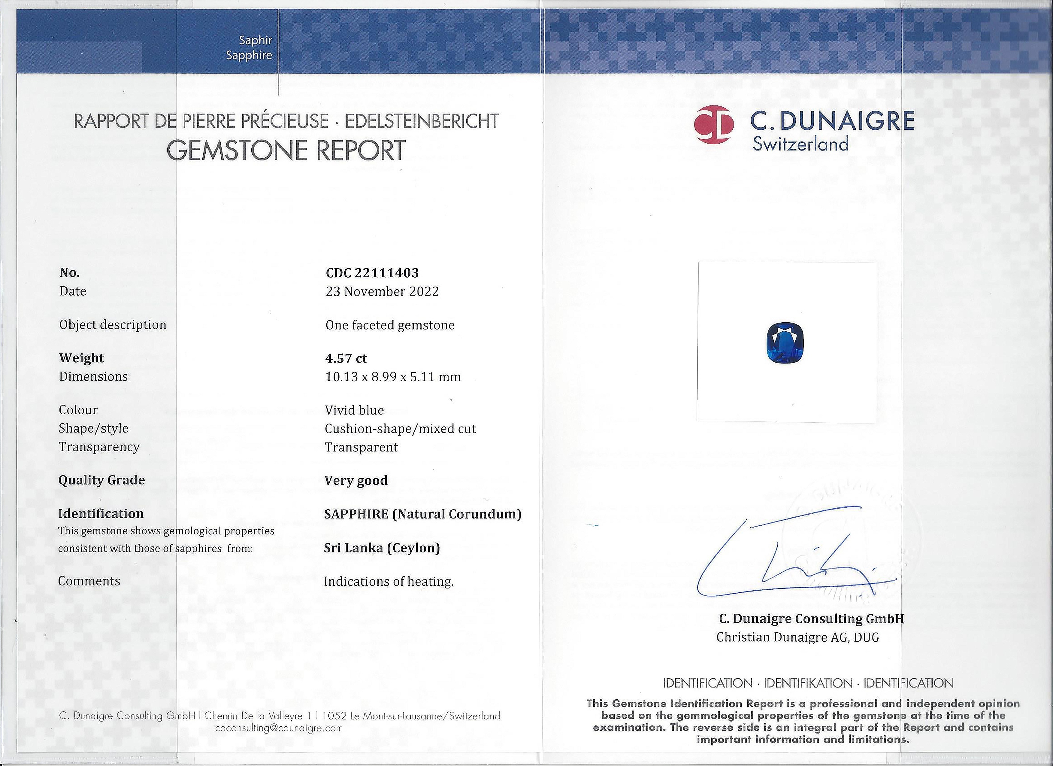 4.57 Ct. Blue Sapphire from Ceylon (Sri Lanka)