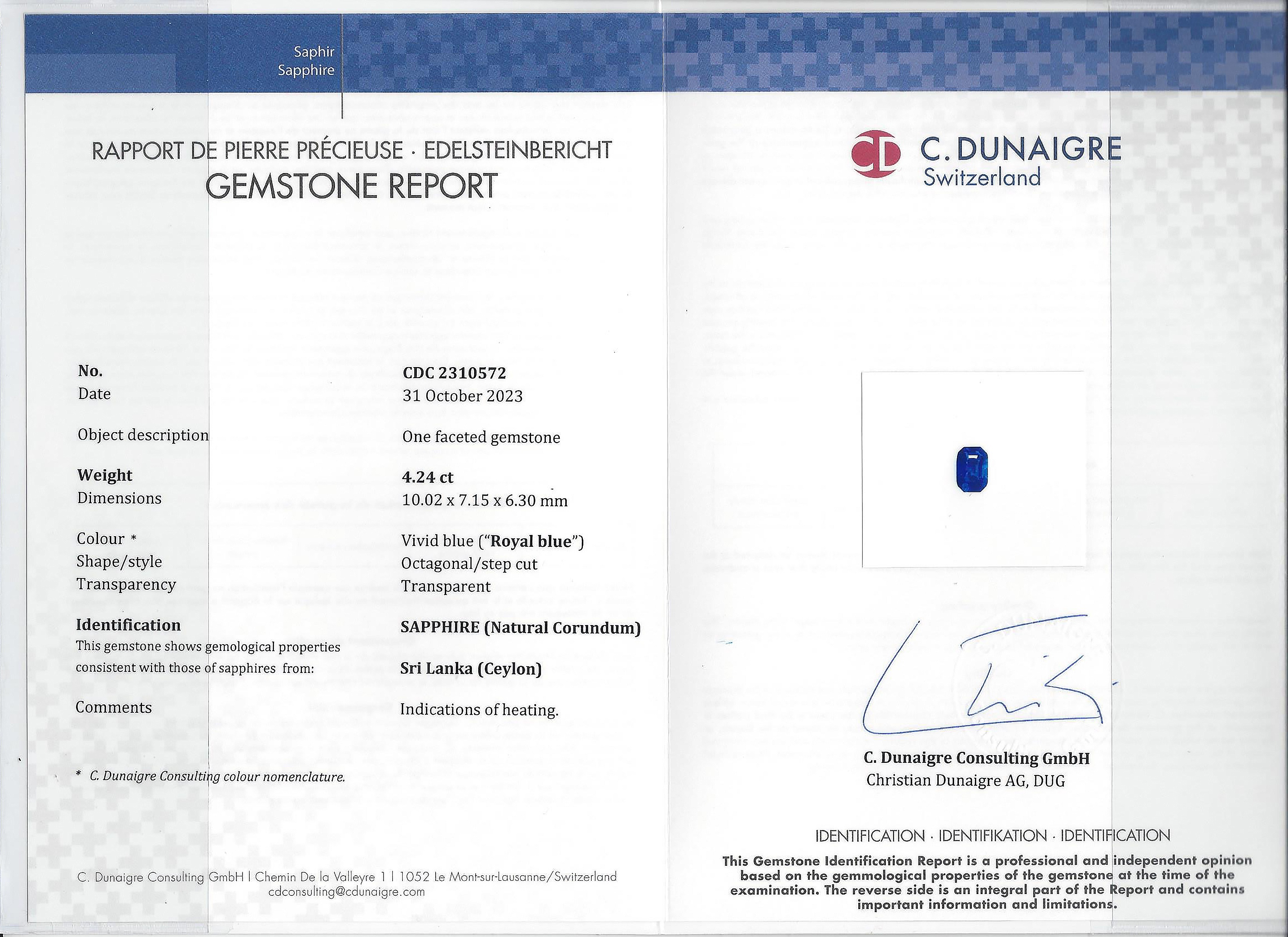 4.24 Ct. Blue Sapphire from Ceylon (Sri Lanka)